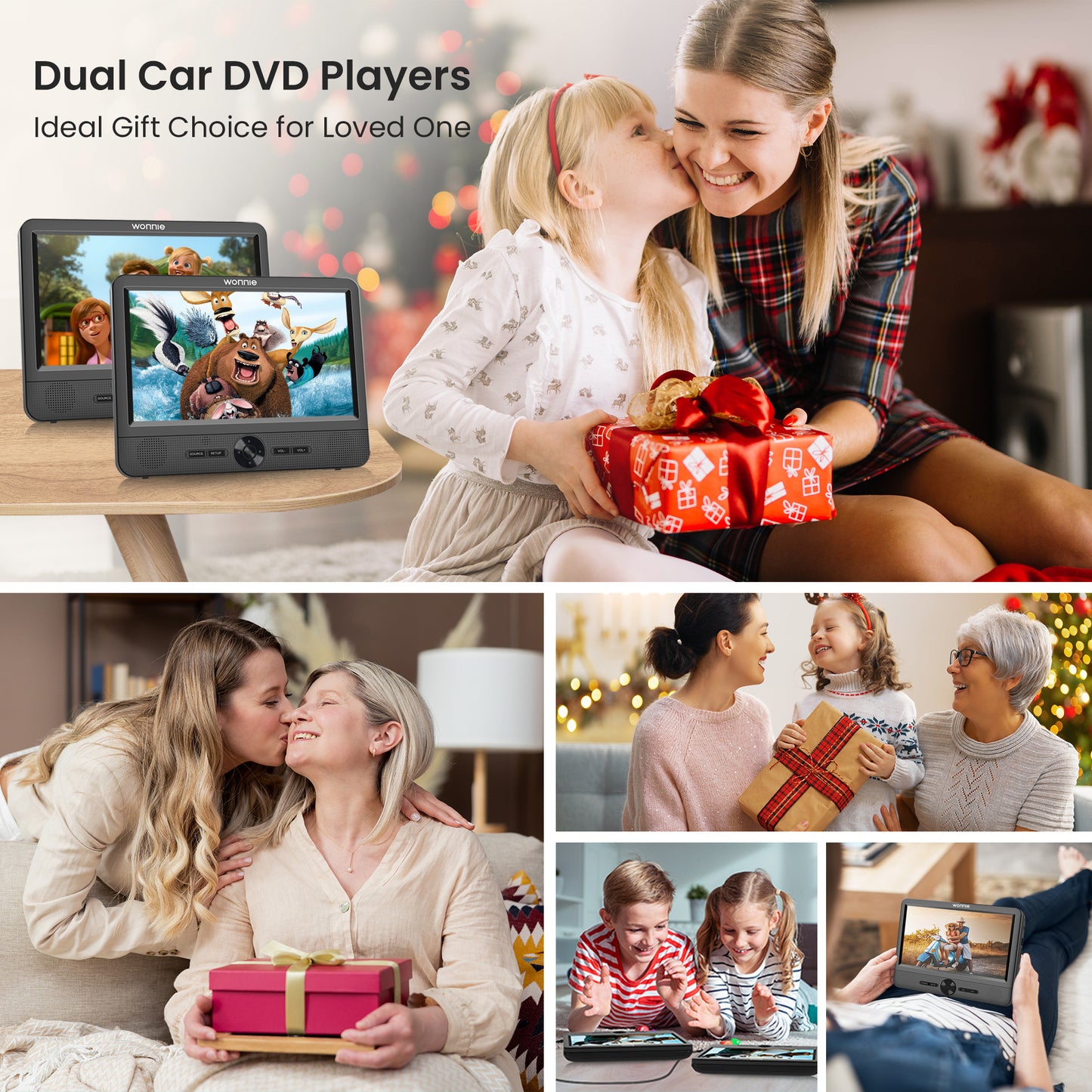WONNIE 10” Portable Dual Screen DVD Players, Two Car DVD Player with Built-In Rechargeable Battery, Headrest DVD CD Player Support USB/ TF Card, AV In & Out, Best Gift Choice for Kids & Parents