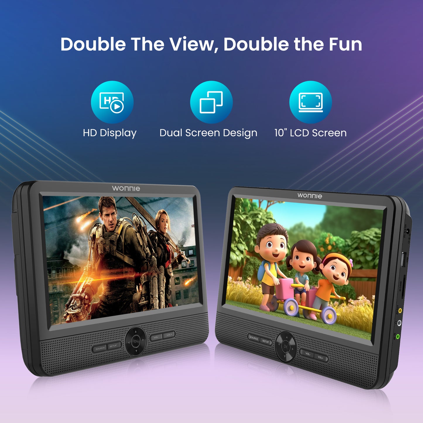 WONNIE 10” Portable Dual Screen DVD Players, Two Car DVD Player with Built-In Rechargeable Battery, Headrest DVD CD Player Support USB/ TF Card, AV In & Out, Best Gift Choice for Kids & Parents