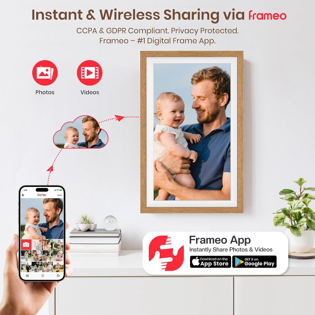 Frameo 15.6 Inch WiFi Digital Photo Frame with 64GB Memory, 1920x1080 FHD IPS Touchscreen Digital Picture Frame, Auto-Rotate, Instant Photo & Video Sharing via Frameo App