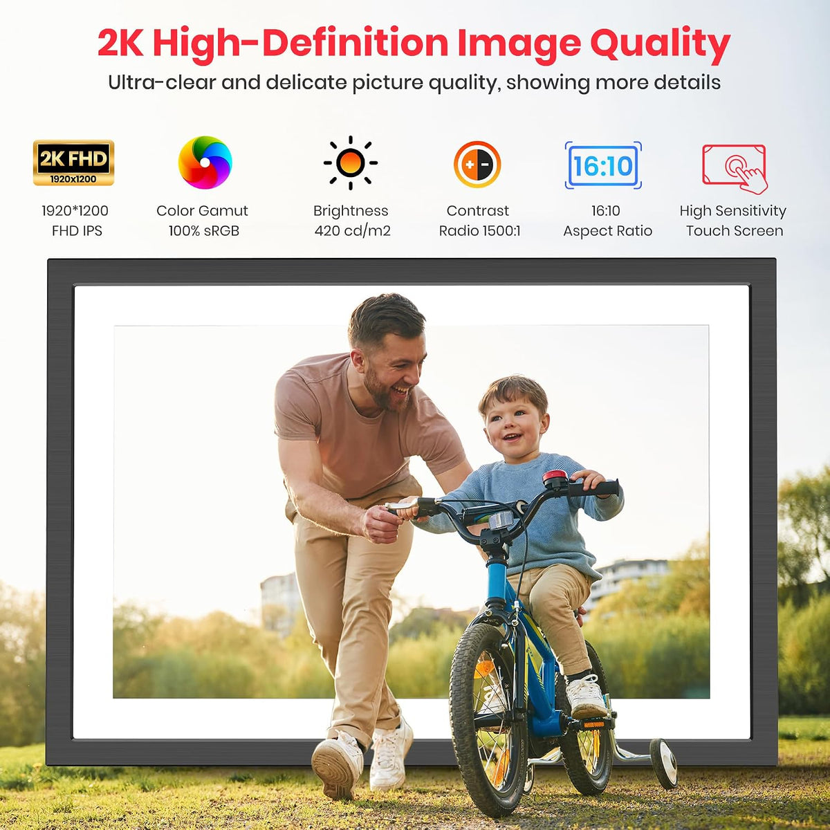 Frameo WLAN Digitaler Bilderrahmen 10,1 Zoll, 1920 * 1200P 2K Touchscreen 64GB Speicher Elektronischer FotoRahmen, Auto Drehung, Einfache Weitergabe von Fotos Videos über Frameo App
