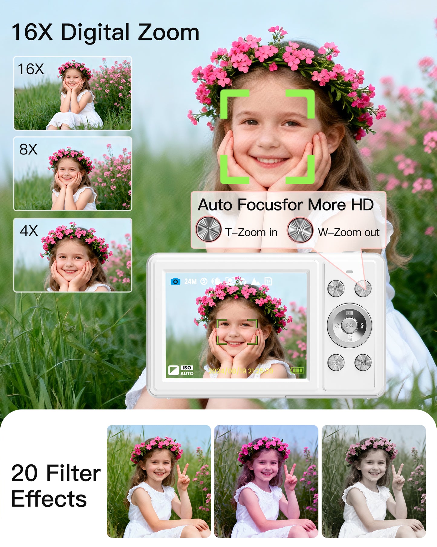 Digital Camera, FHD 1080P Point and Shoot Camera with 32GB SD Card, 2 Batteries, 16X Zoom, Anti Shake, Compact Small Design for Kids Teens Students Girls Boys (White)