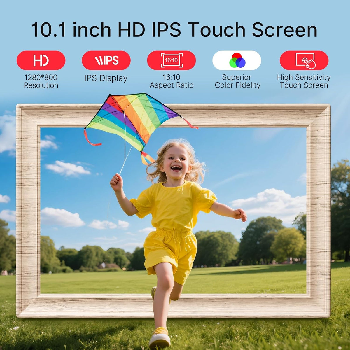 Frameo WLAN Digitaler Bilderrahmen 10,1 Zoll, HD 1280 * 800 IPS Touchscreen Elektronischer FotoRahmen mit 32GB Speicher, Auto Drehung, Einfache Weitergabe von Fotos Videos über Frameo App