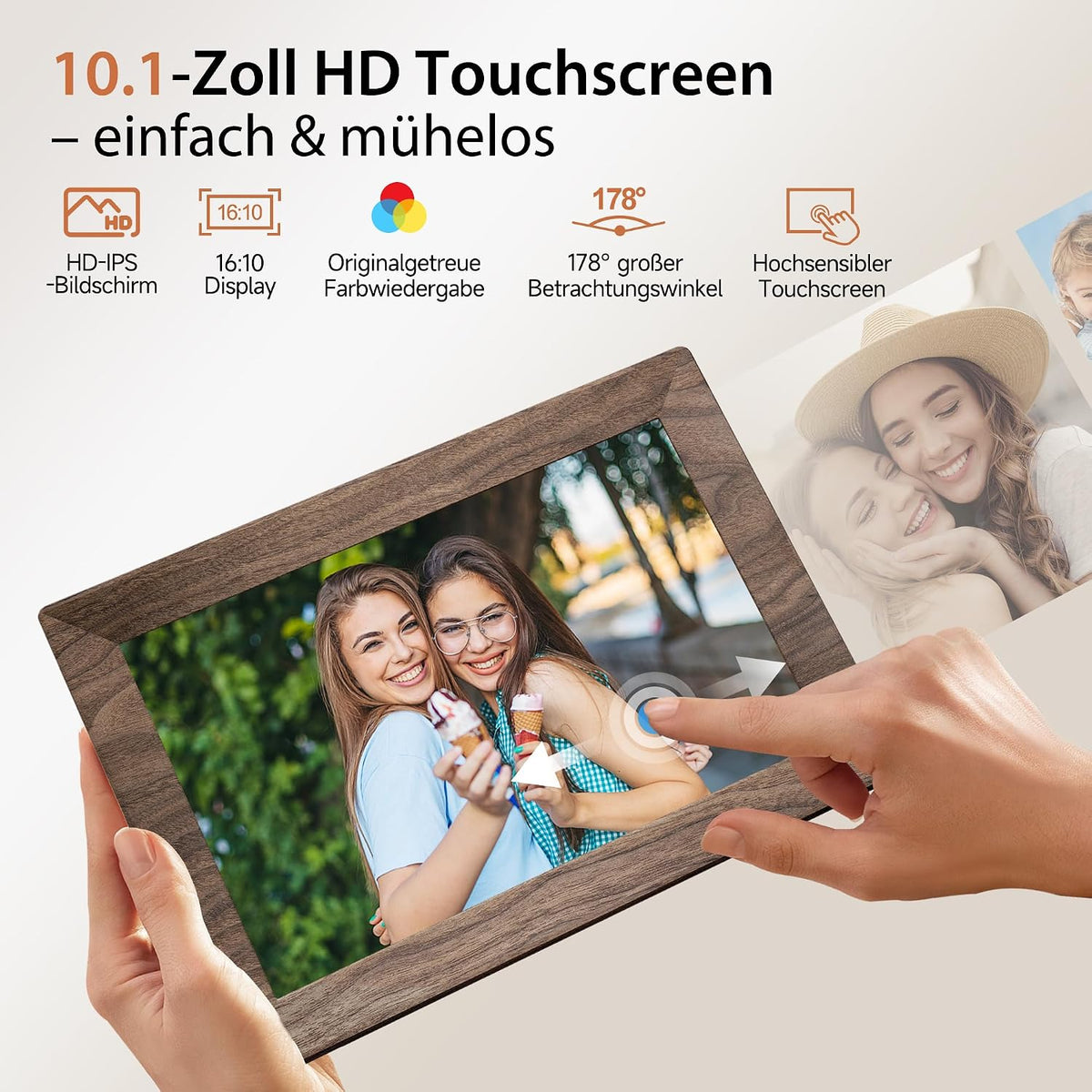 Frameo WLAN Digitaler Bilderrahmen 10,1 Zoll, HD 1280 * 800 IPS Touchscreen Elektronischer FotoRahmen mit 32GB Speicher, Auto Drehung, Einfache Weitergabe von Fotos Videos über Frameo App