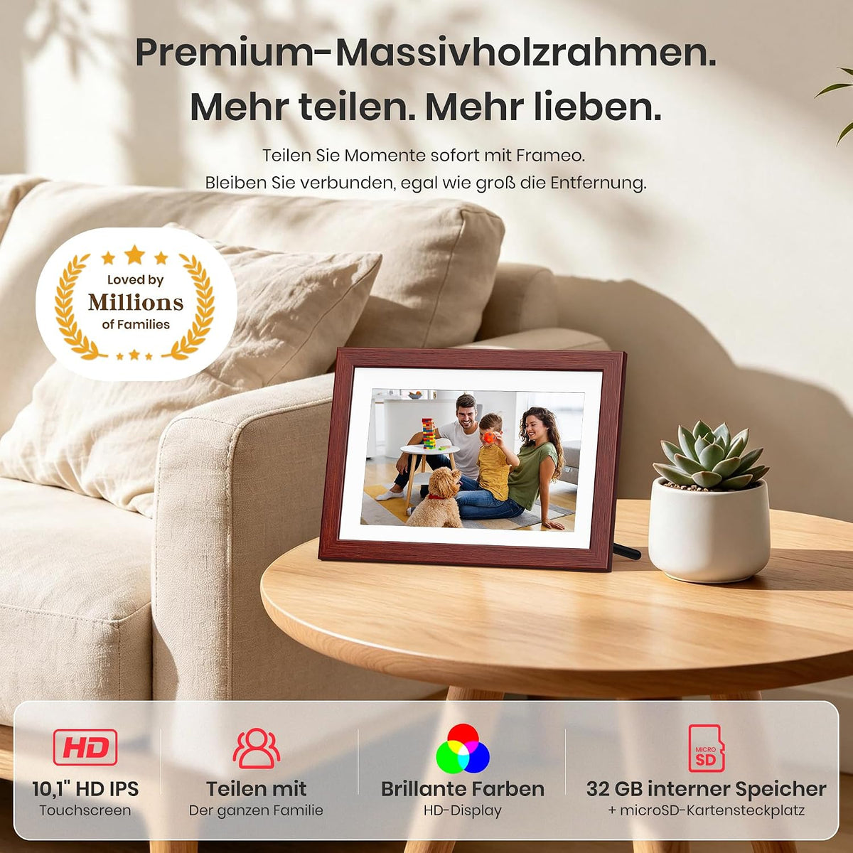 Frameo WLAN Digitaler Bilderrahmen 10,1 Zoll, HD 1280 * 800 IPS Touchscreen Elektronischer FotoRahmen mit 32GB Speicher, Auto Drehung, Einfache Weitergabe von Fotos Videos über Frameo App