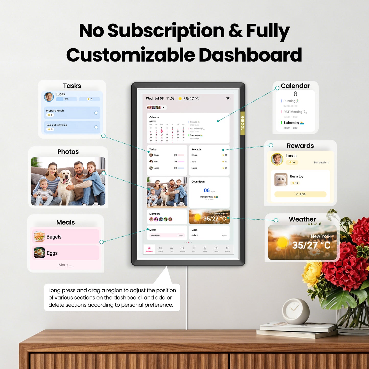 GIROOL 15.6" Digital Calendar-1920x1080 Full HD Touchscreen Family Planner & Calendar with Chore Chart & Meal Planner, Wall-Mountable (Black White)