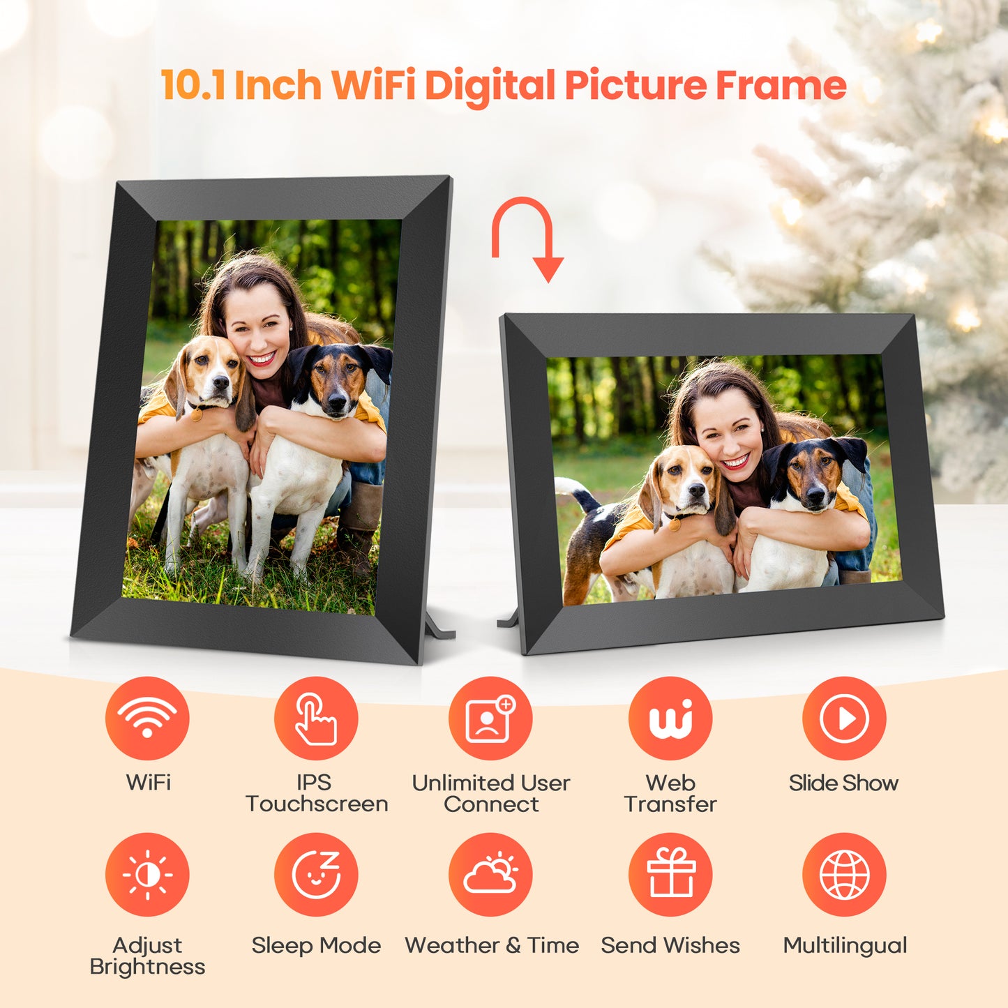 FANGOR WiFi Digital Picture Frame 10.1 Inch, 1080P IPS Touch Screen Smart Photo Frame with 16GB Memory, Auto-Rotate, Wall Mountable, Send photos & videos via free app,Best gift for family!