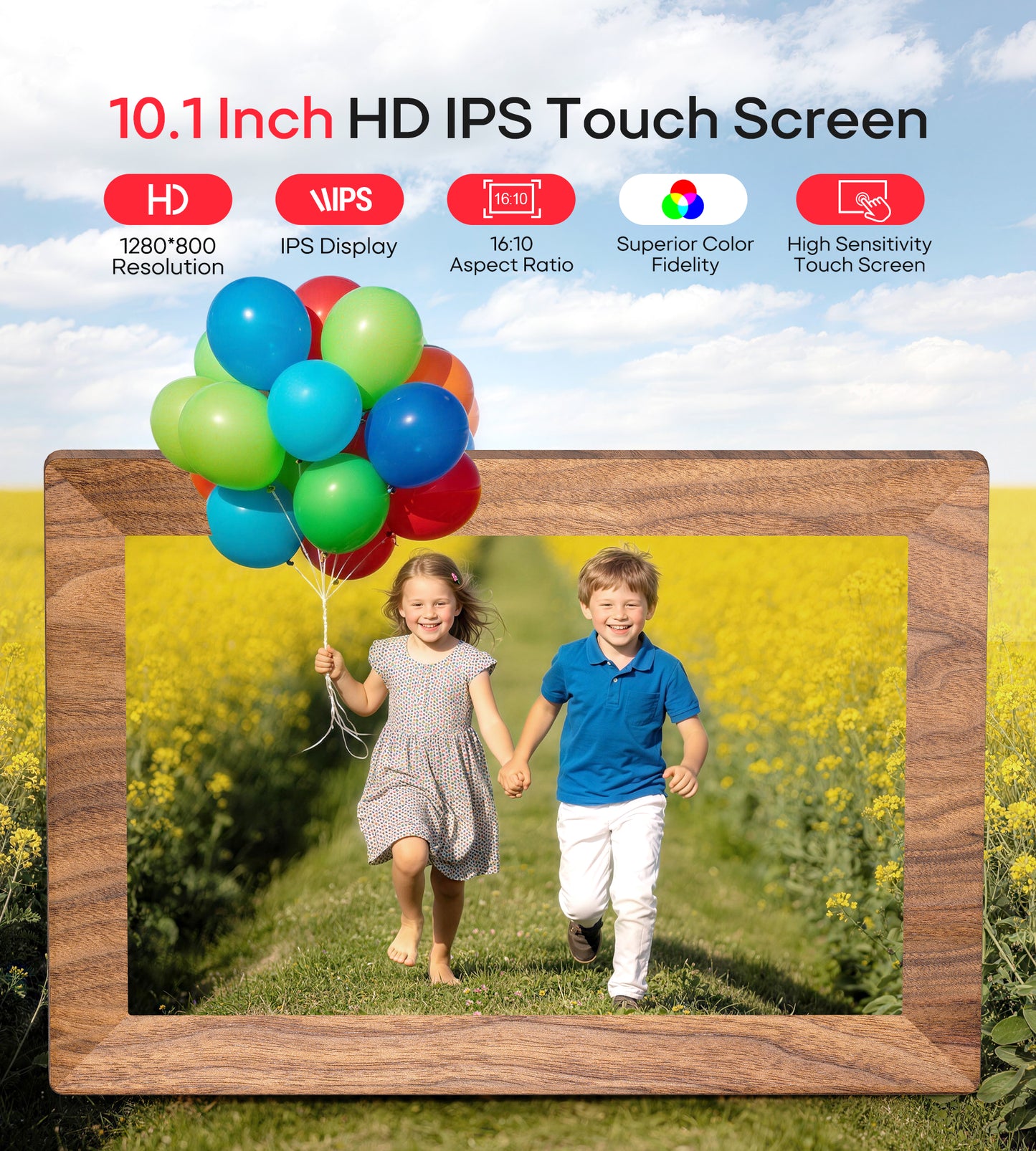 Frameo 10.1" Digital Picture Frame with 32GB Memory WiFi Electronic Photo Frame Wood 1280 x 800 IPS Touch Screen Auto-Rotate Slideshow Wall Mountable Share Photos/Video Remotely Anywhere