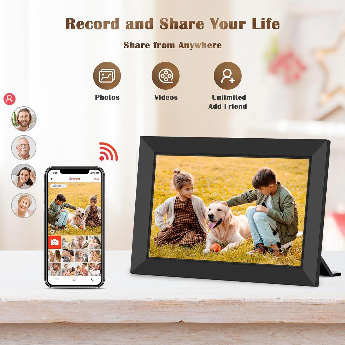 Frameo WLAN Digitaler Bilderrahmen 10,1 Zoll, HD 1280 * 800 IPS Touchscreen Elektronischer FotoRahmen mit 32GB Speicher, Auto Drehung, Einfache Weitergabe von Fotos Videos über Frameo Ap