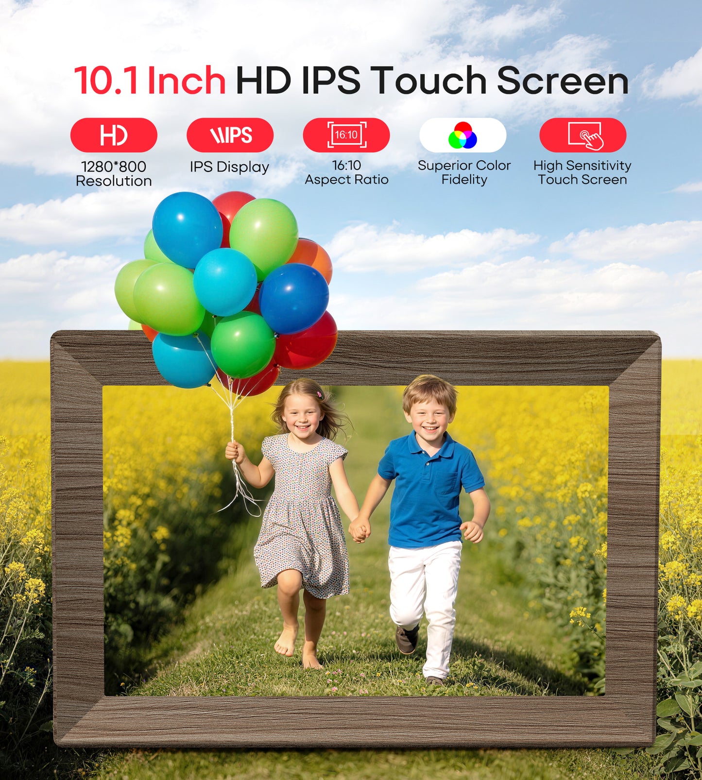 Frameo 10.1" Digital Picture Frame with 32GB Memory Wood WiFi Electronic Photo Frame 1280 x 800 IPS Touch Screen Auto-Rotate Slideshow Wall Mountable Share Photos/Video Remotely Anywhere