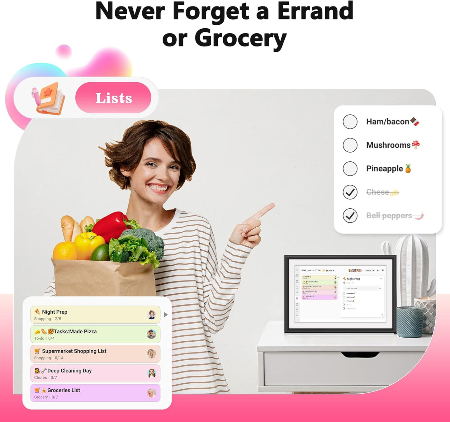 BIGASUO 10.1" Digital Calendar, Full HD Touchscreen Smart Planner,with Task & Reward Meal Plan Great for Family Schedules & Chore Organization, LED Reminder Light,Photo Display