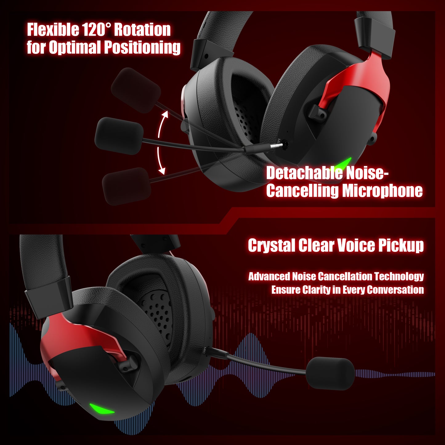 Mollan Black & Red 2.4GHz Wireless Gaming Headset – 25ms Ultra-Low Latency, 7.1 Surround Sound, Tri-Mode (USB/Bluetooth/Wired), 40Hr Playtime, Detachable Mic – PC/PS5/Switch