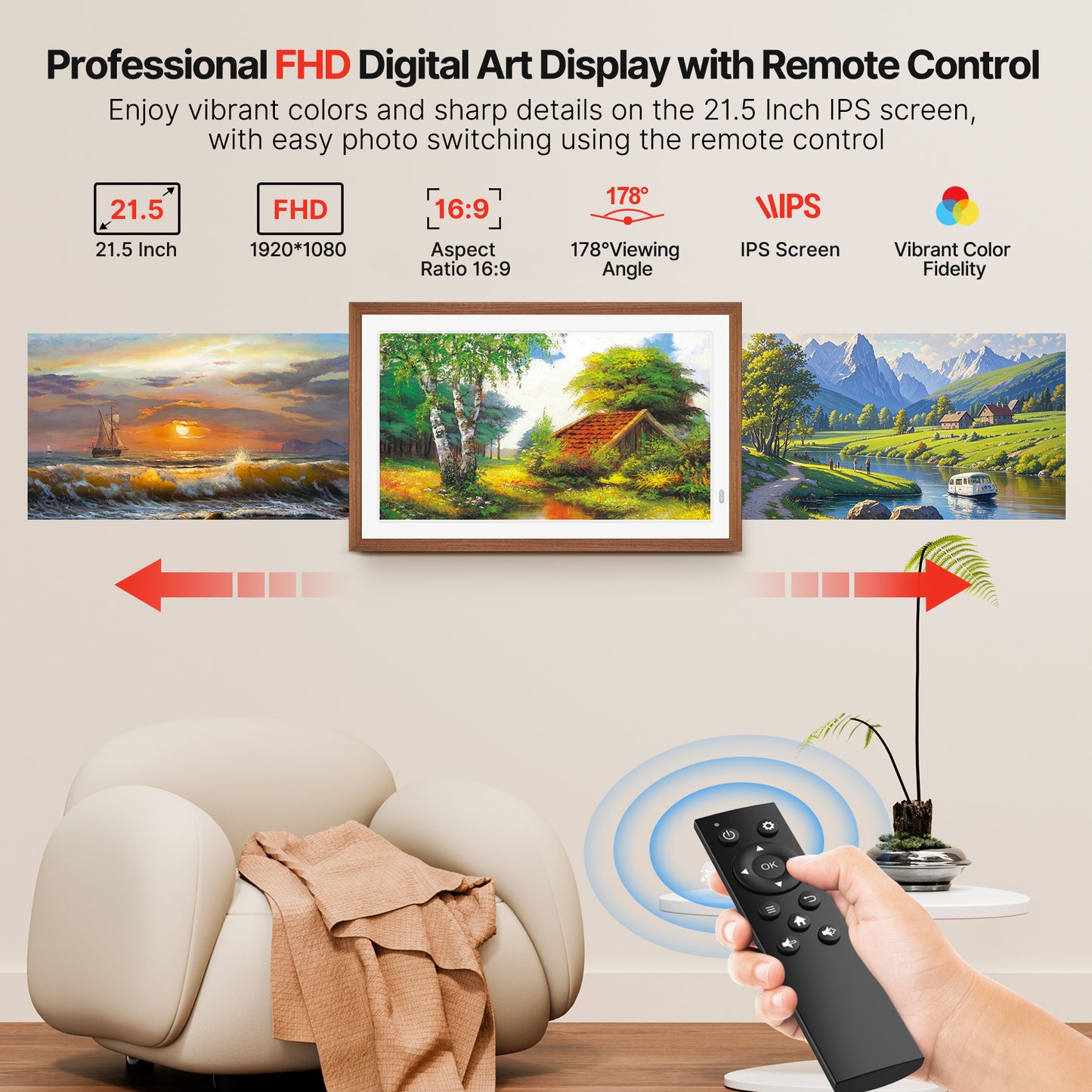 Uhale 21.5" Large Digital Picture Frame WiFi Wood with Remote Control, 1920 x 1080 FHD IPS No Touch Screen Electronic Photo Frames Wall Mount with 64GB, Support SD USB, Share Photos Videos Instantly