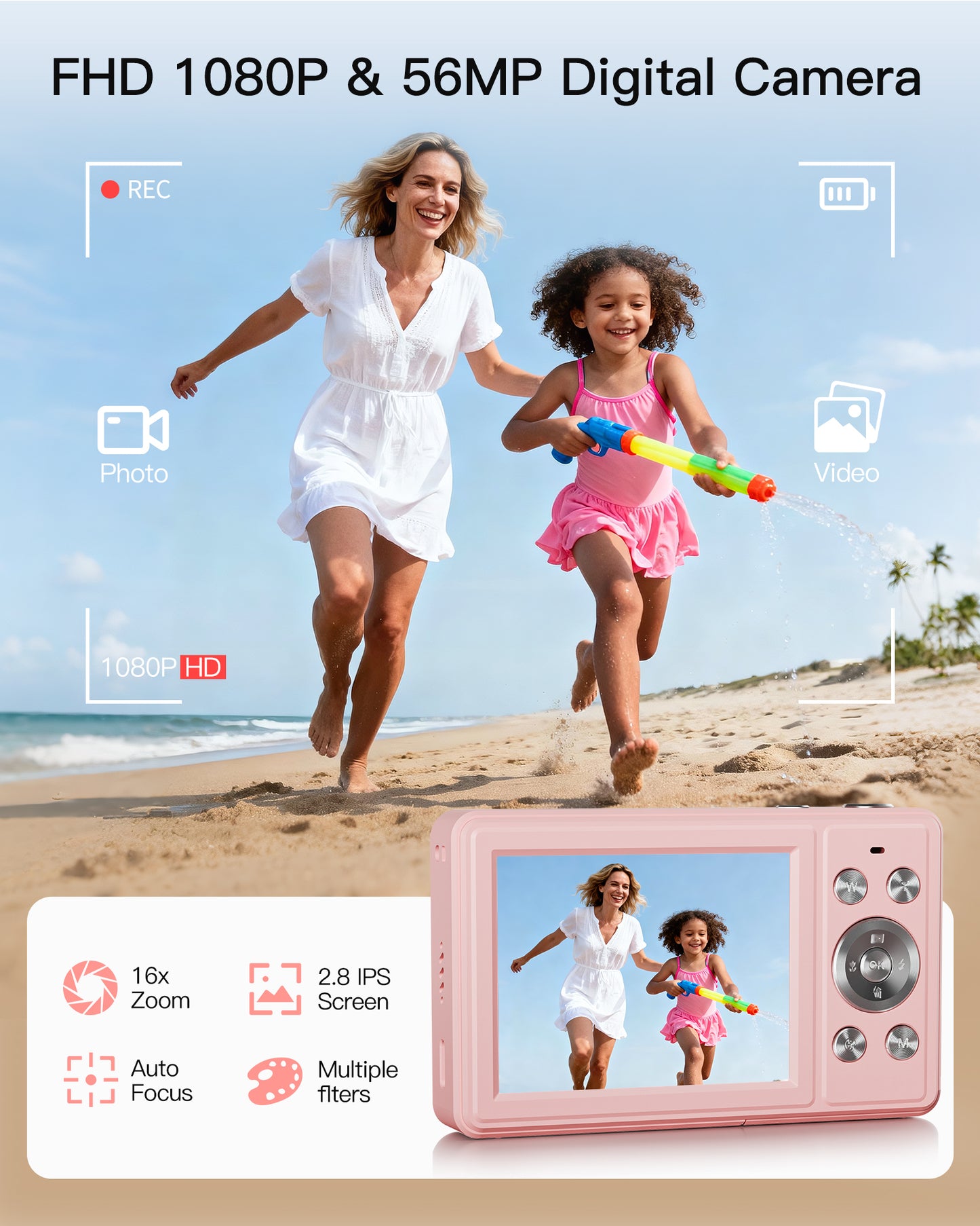 Digital Camera, FHD 1080P Point and Shoot Camera with 32GB SD Card, 2 Batteries, 16X Zoom, Anti Shake, Compact Small Design for Kids Teens Students Girls Boys (Pink)