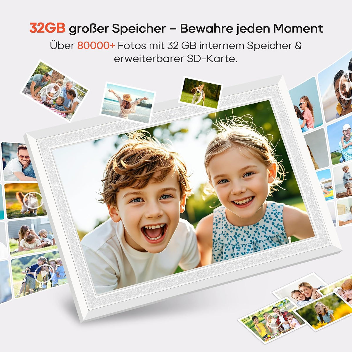 Frameo WLAN Digitaler Bilderrahmen 10,1 Zoll, HD 1280 * 800 IPS Touchscreen Elektronischer FotoRahmen mit 32GB Speicher, Auto Drehung, Einfache Weitergabe von Fotos Videos über Frameo App