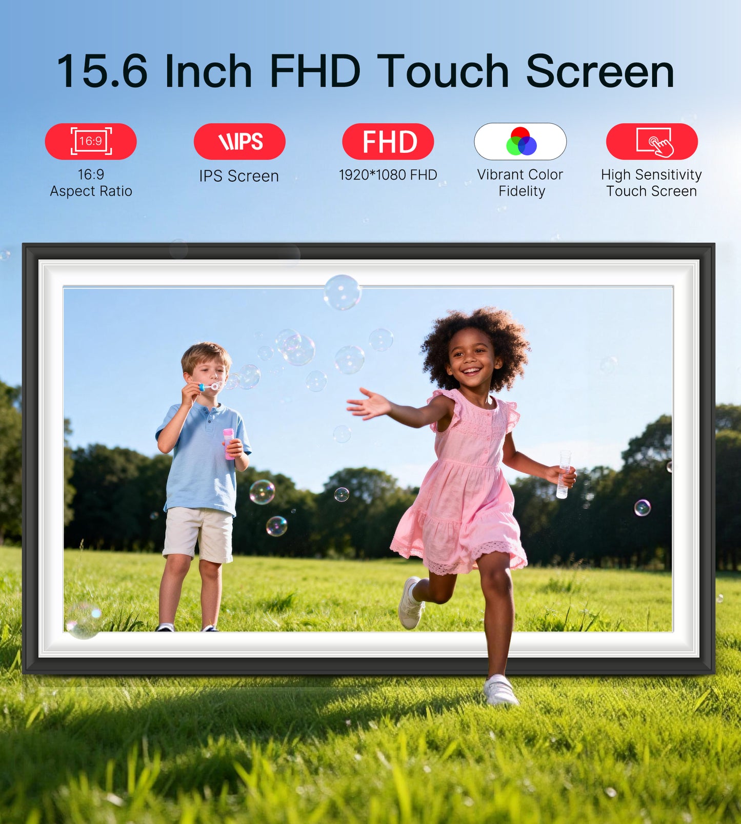 BIGASUO Digital Picture Frame Frameo 15.6" WiFi Electronic Photo Frames Large with 64GB Memory 1920x1080 IPS FHD Touch Screen Share Moments Instantly Anywhere Photo Gifts for Parents and Grandparents