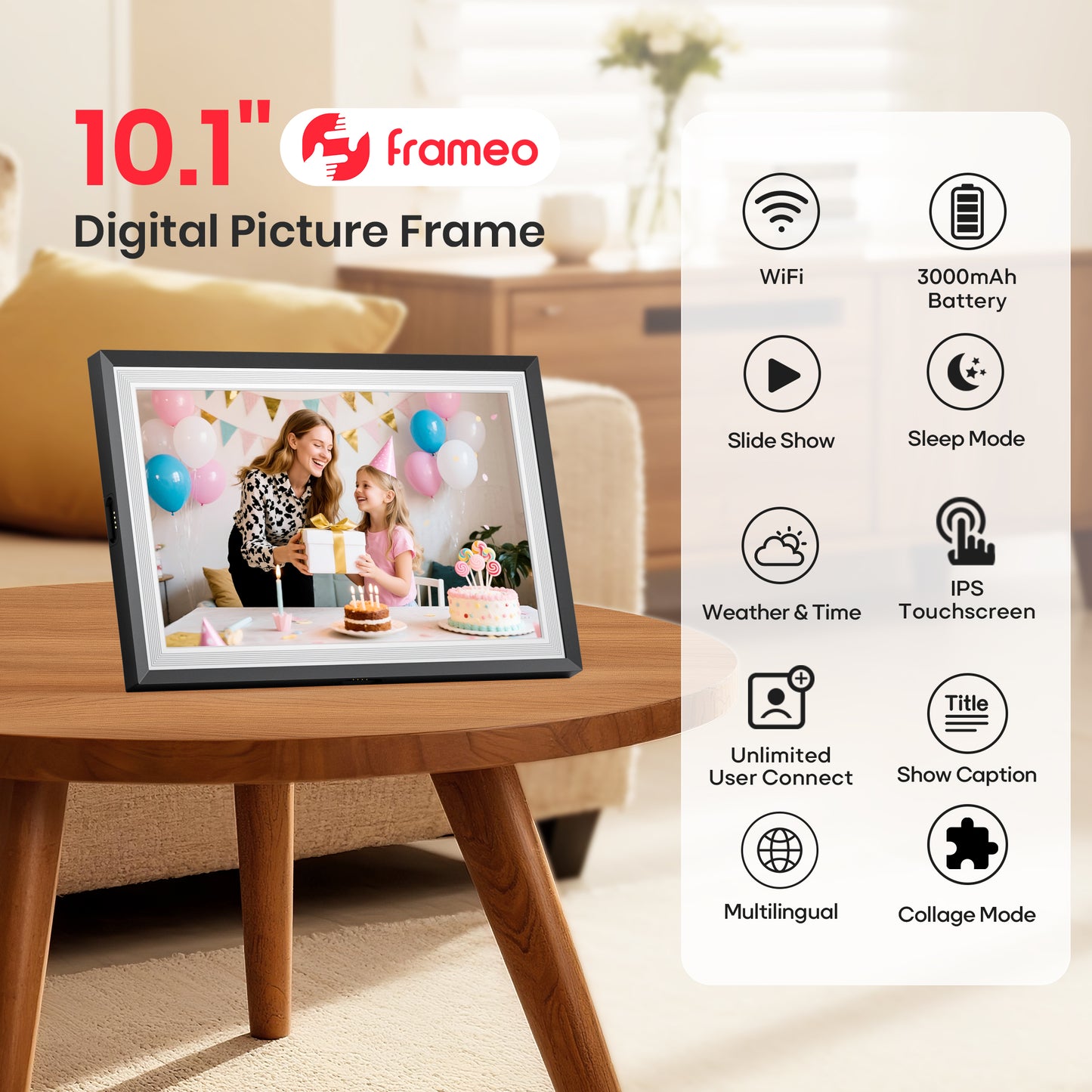 Girool Frameo 10.1” WiFi Digital Photo Frame with 3000mAh Battery, Electronic Picture Frame with IPS Touch Screen,Auto-Rotate, 32GB Storage, Share Moments Instantly via Frameo App from Anywhere
