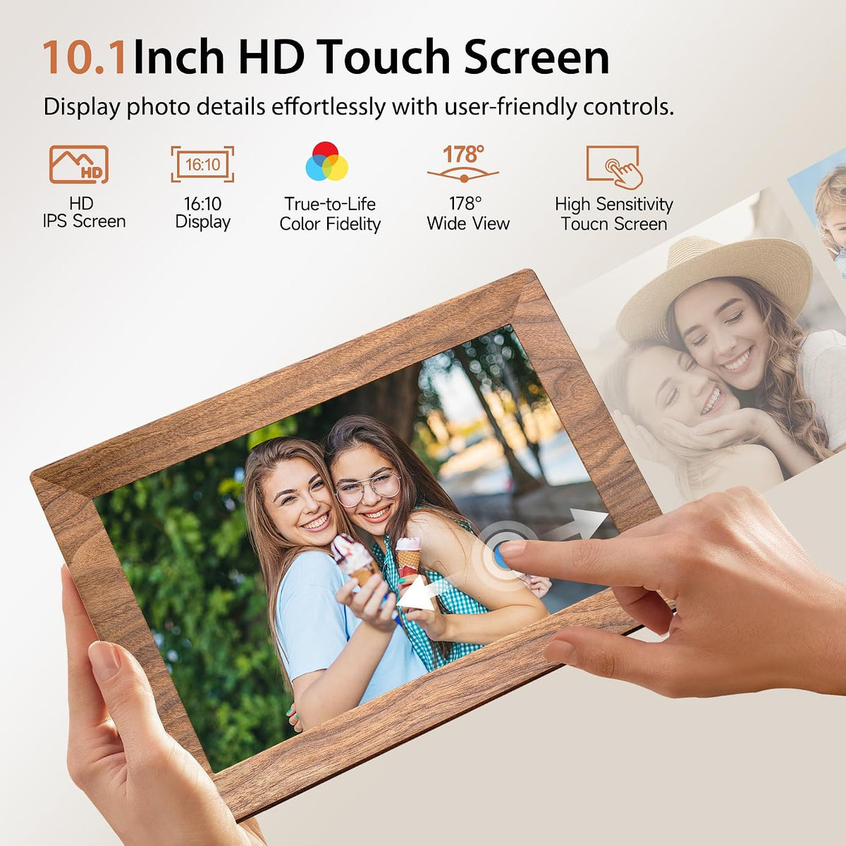 Frameo WLAN Digitaler Bilderrahmen 10,1 Zoll, HD 1280 * 800 IPS Touchscreen Elektronischer FotoRahmen mit 32GB Speicher, Auto Drehung, Einfache Weitergabe von Fotos Videos über Frameo App