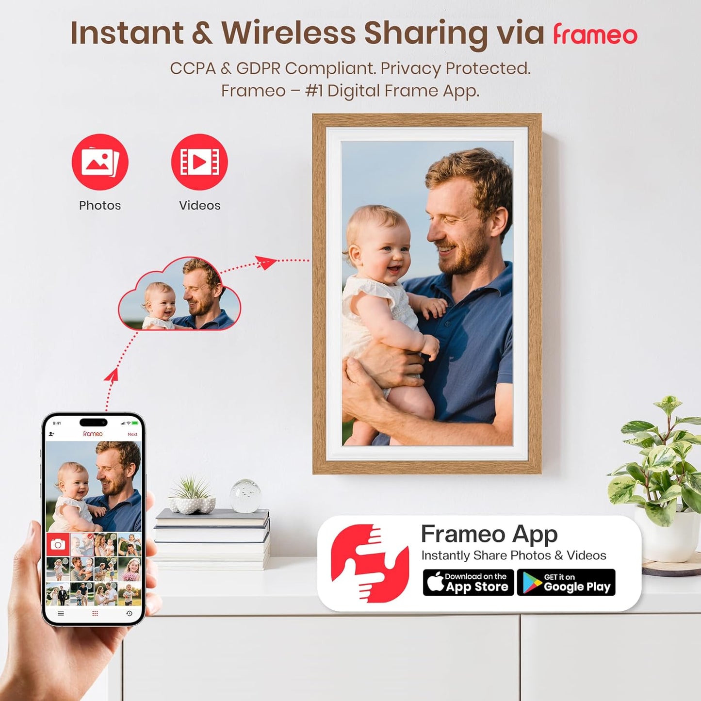 Frameo 15.6 Inch WiFi Digital Photo Frame with 64GB Memory, 1920x1080 FHD IPS Touchscreen Digital Picture Frame, Auto-Rotate, Instant Photo & Video Sharing via Frameo App