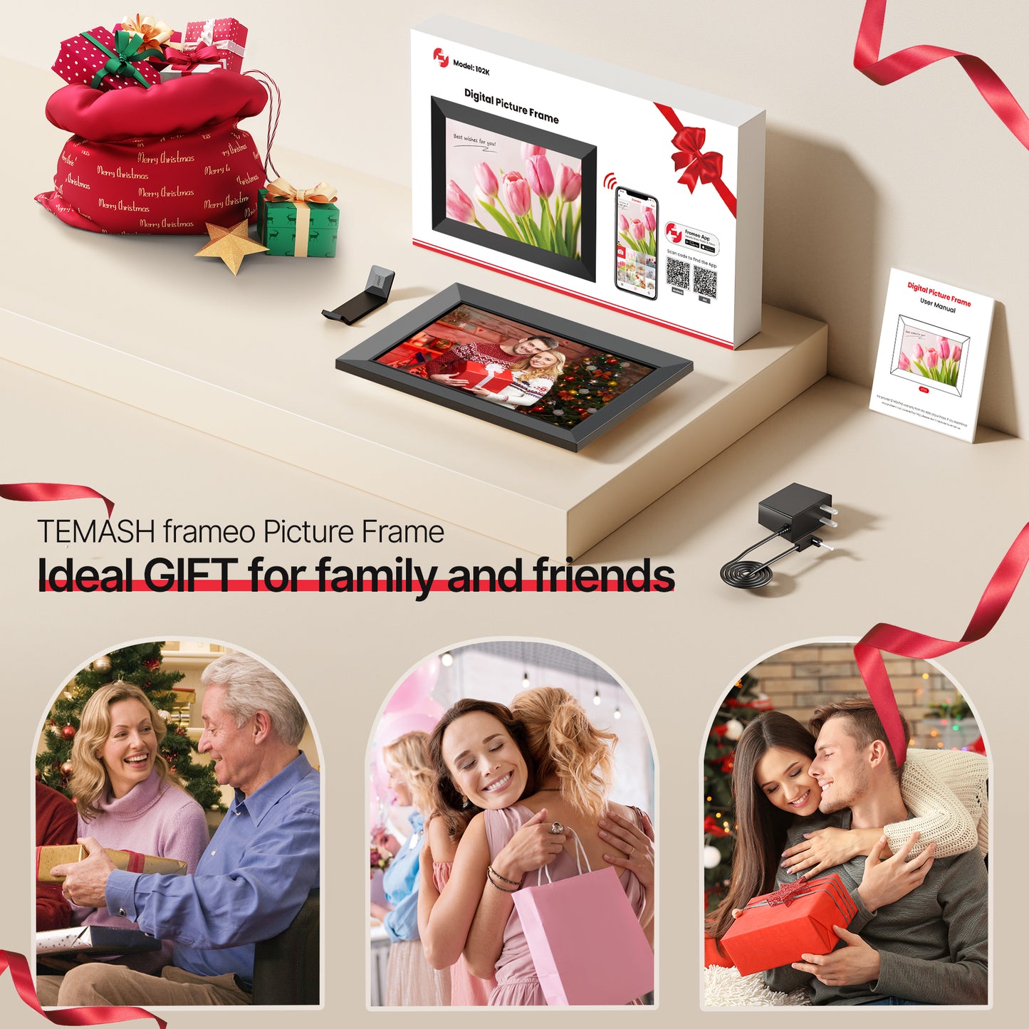 Frameo WiFi Digital Picture Frame, TEMASH 10.1" Digital Photo Frame 32G Memory with 1280*800 IPS Touchscreen, Wall Mount Auto Rotate Electronic Picture Frame, Gift for A Loved One!