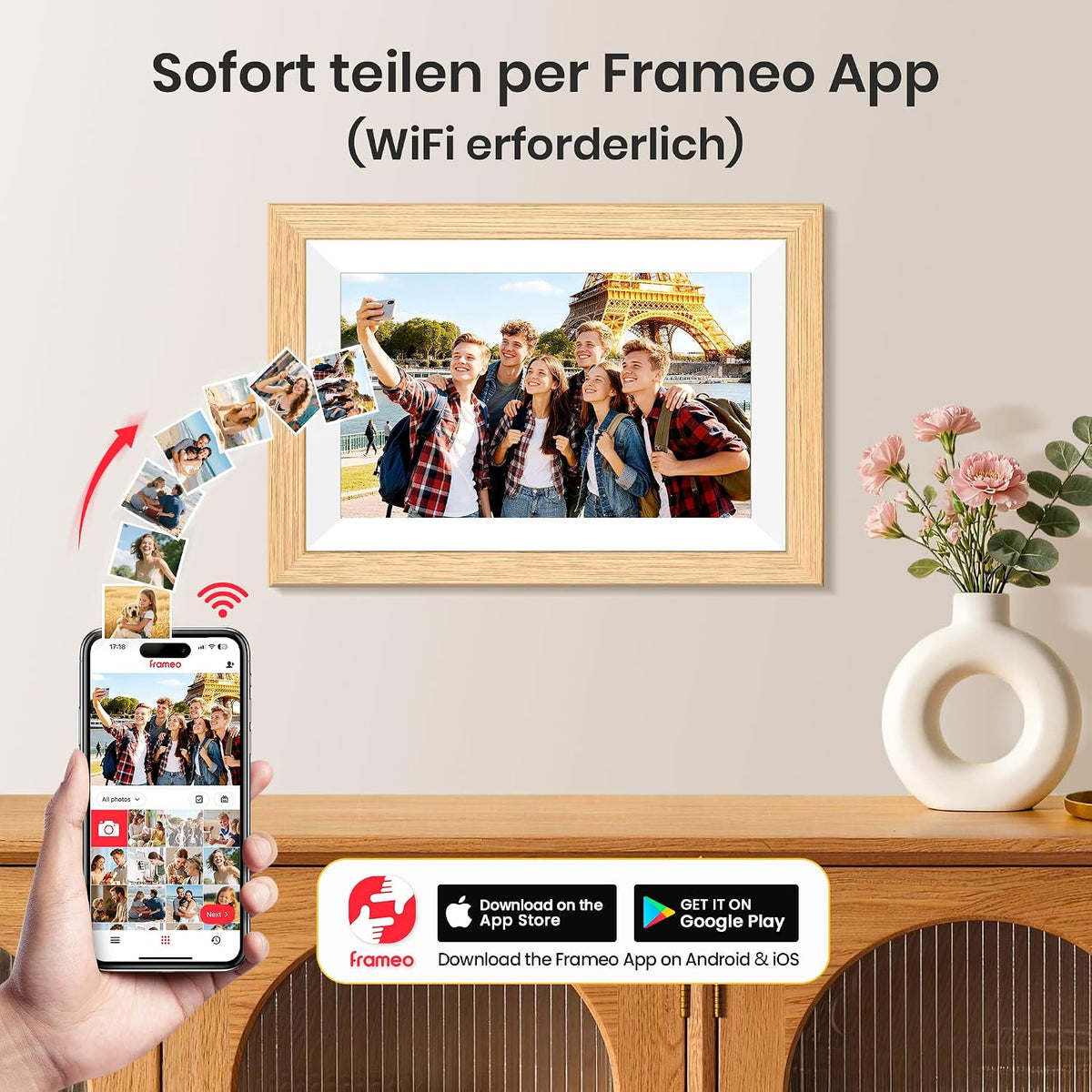 Frameo WLAN Digitaler Bilderrahmen 10,1 Zoll, HD 1280 * 800 IPS Touchscreen Elektronischer FotoRahmen mit 32GB Speicher, Auto Drehung, Einfache Weitergabe von Fotos Videos über Frameo App