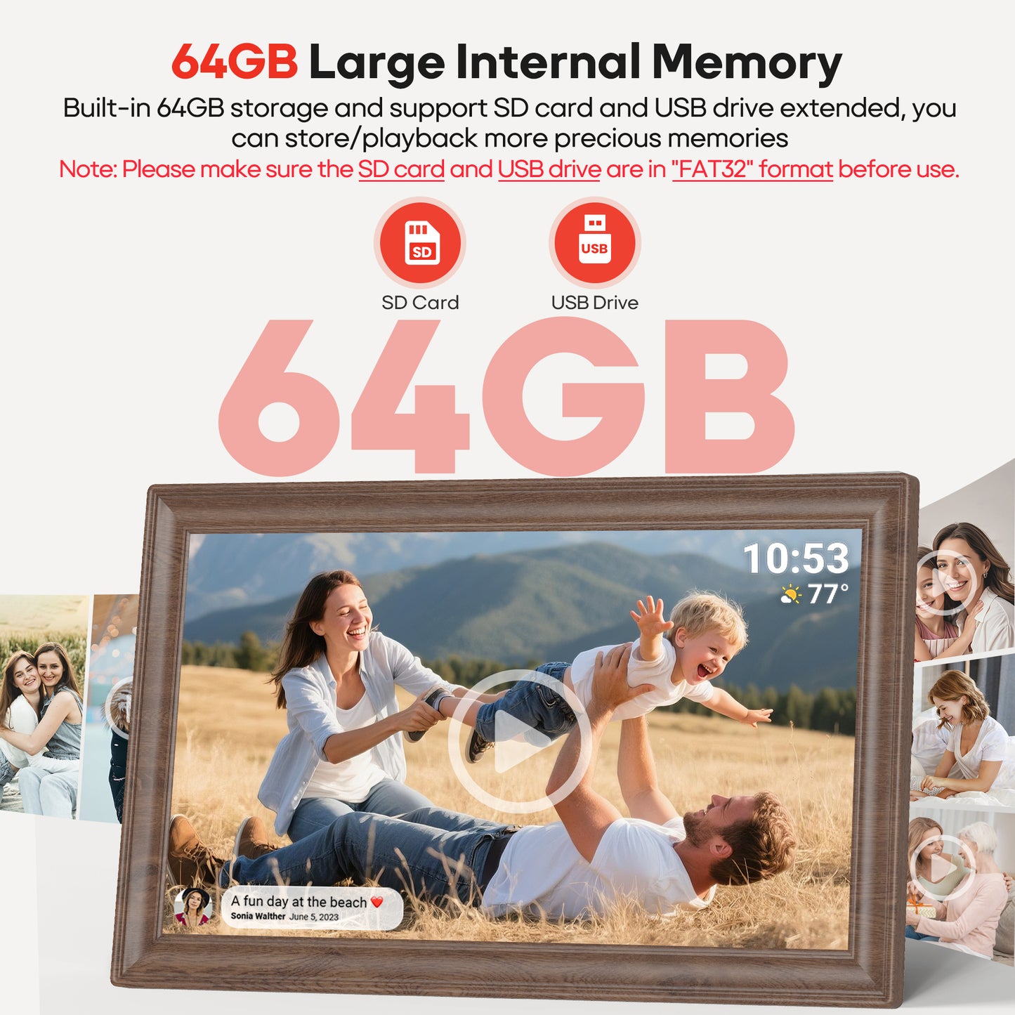 64GB 15.6" Frameo Digital Picture Frame WiFi, Large Electronic Photo Frames Wood 1920 x 1080 IPS FHD Touch Screen, Send Photos from Your Phone from Anywhere, Best Gifts for Family and Friends