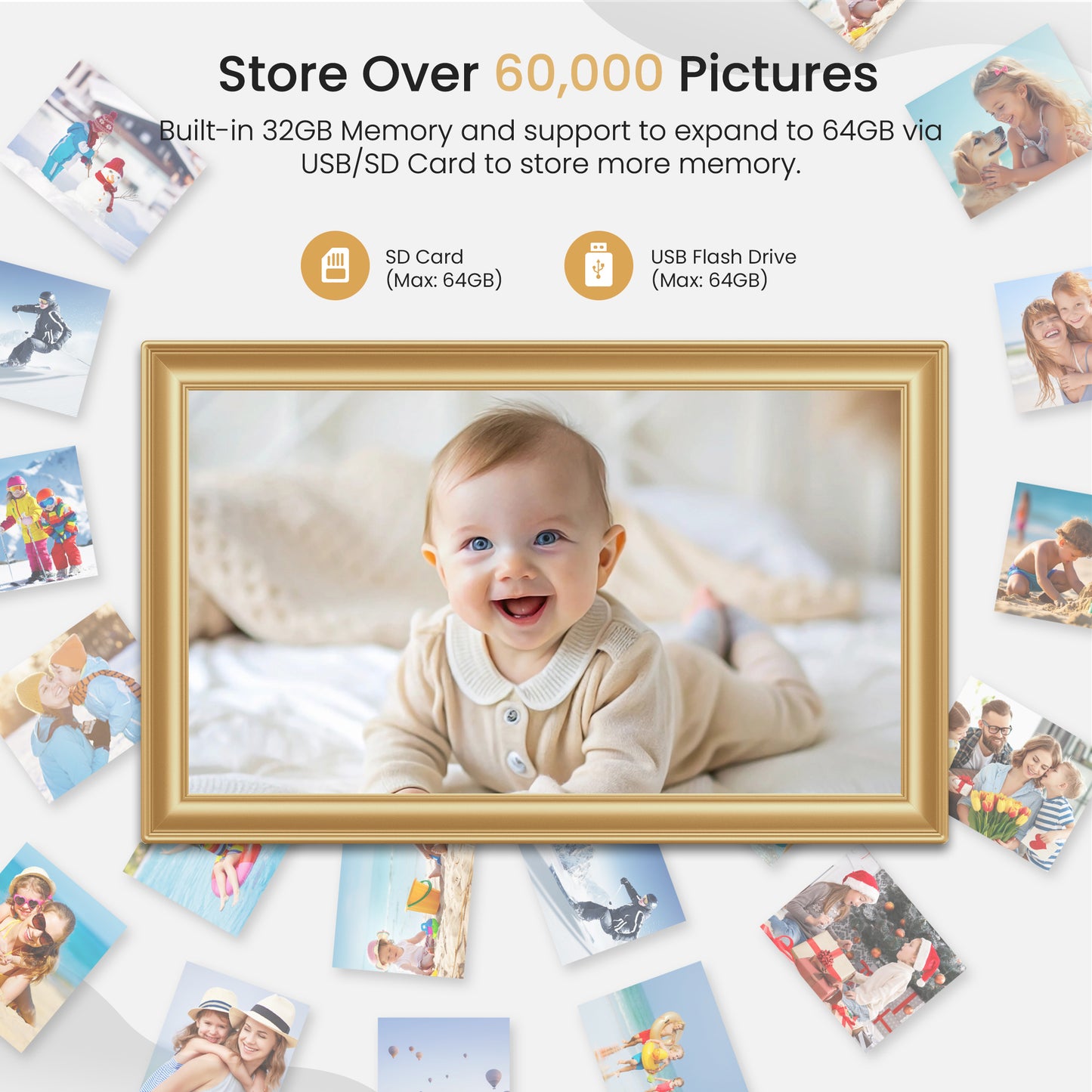Uhale WiFi Digital Picture Frame, RCA 10.1 Inch Electric 1080p HD Touch Screen Photo Frame Digital with 32GB Memory, USB SD Slot, Auto Rotate, Wall Mountable, Share Photos/Videos Instantly (Gold)