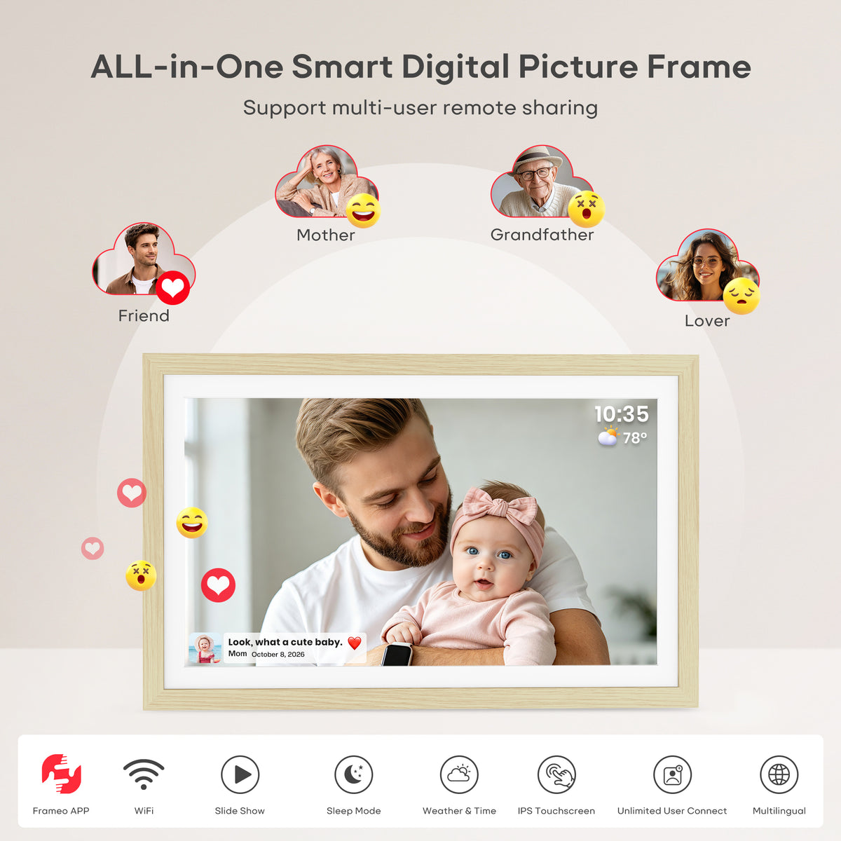 64GB Frameo Digital Picture Frame, TEMASH 15.6 Inch Large Digital Photo Frame WiFi, 1920*1080 FHD IPS Touchscreen Auto Rotate, Easy to Share Photos Videos