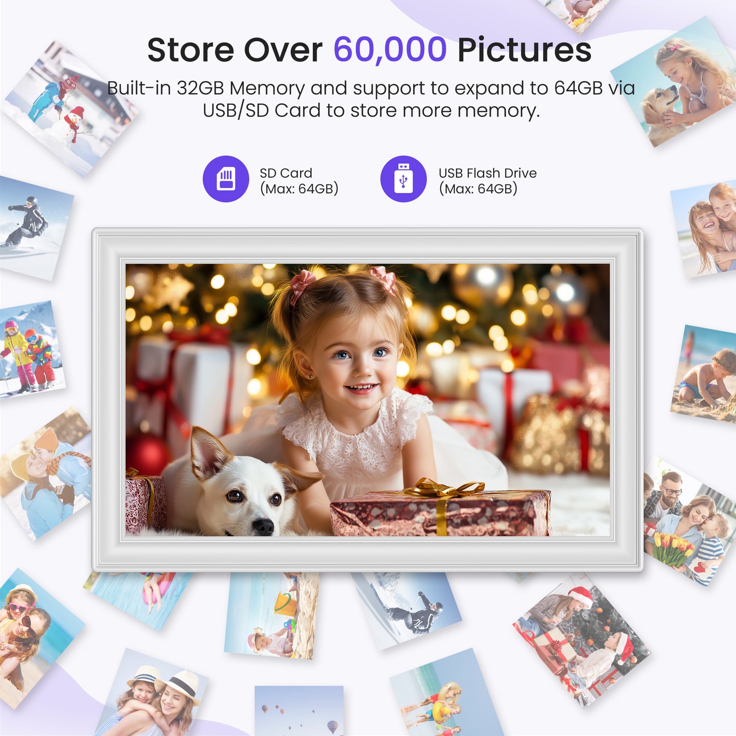 RCA Digital Photo Frame 10.1 Inch WiFi Digital Frames with 32GB Memory, 1080P IPS Touch Screen Picture Frames Auto-Rotate, Wall Mountable, Share Photos/Video Via Phone Uhale App Remotely (White)