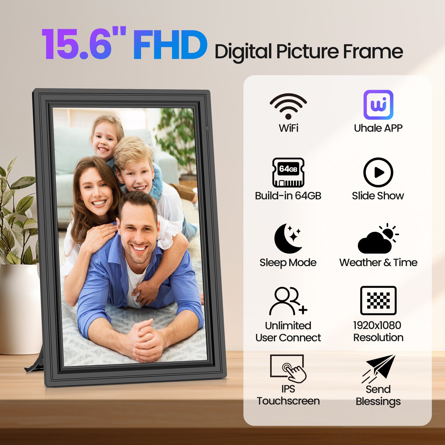 "64GB Digital Picture Frame WiF, NUSICAN 15.6 Inch Large Electronic Photo Frames, 1920*1080 IPS FHD Touch Screen, Auto-rotate, Share Picture Video from Anywhere, Best Gift for Every Ones "