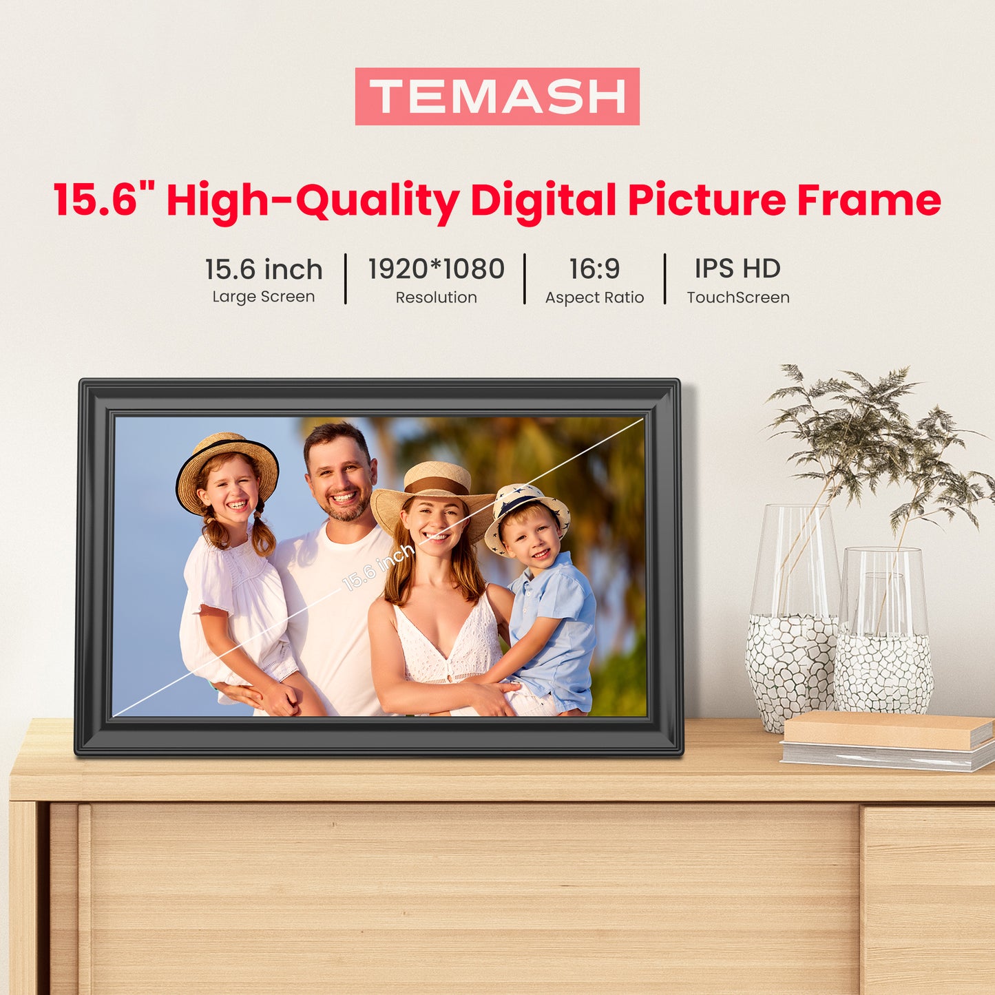 Frameo Digital Picture Frame, TEMASH 15.6 Inch Large Digital Photo Frame WiFi with 32GB Storage, 1920*1080 FHD IPS Touchscreen Auto Rotate, Easy to Share Photos Videos, Black