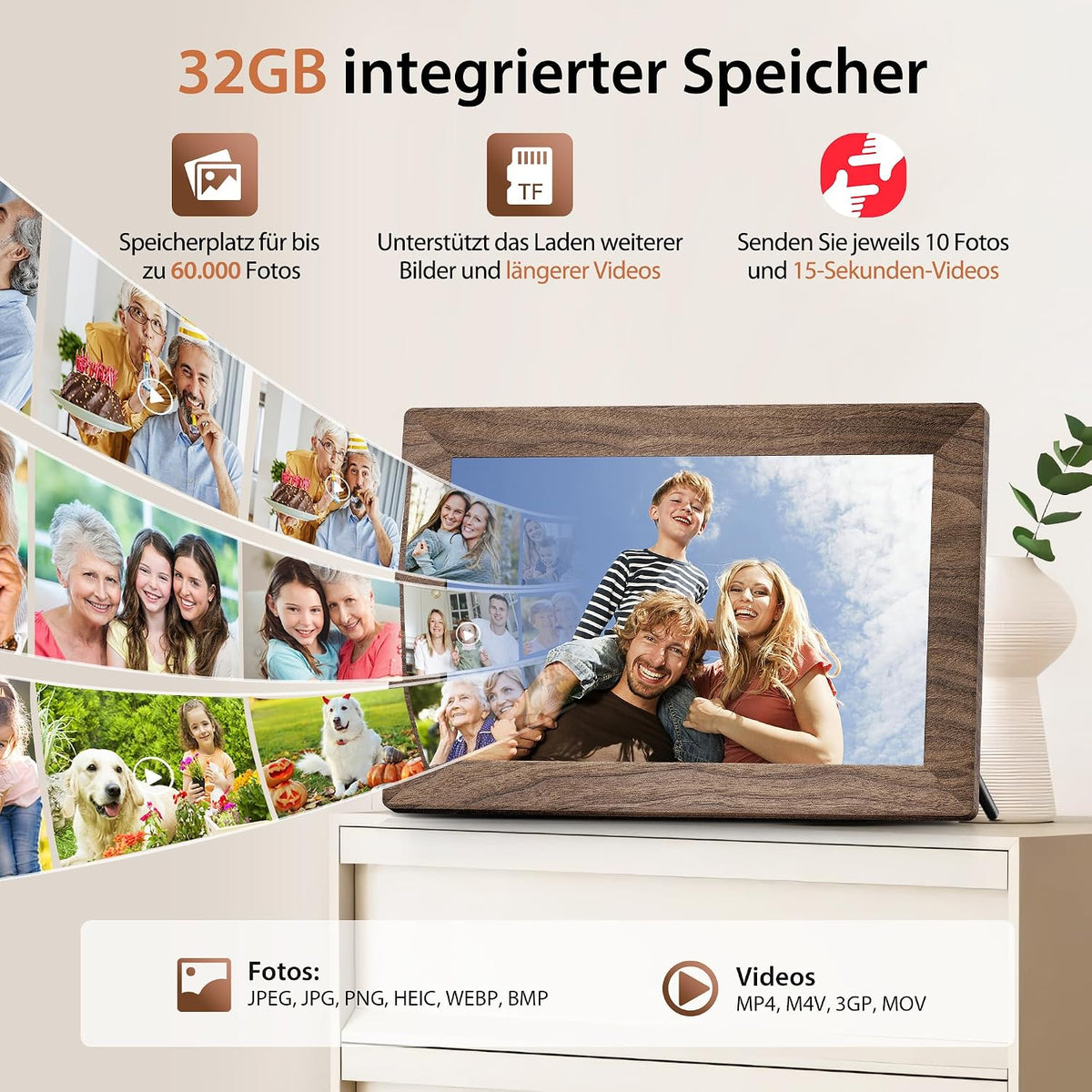 Frameo WLAN Digitaler Bilderrahmen 10,1 Zoll, HD 1280 * 800 IPS Touchscreen Elektronischer FotoRahmen mit 32GB Speicher, Auto Drehung, Einfache Weitergabe von Fotos Videos über Frameo App
