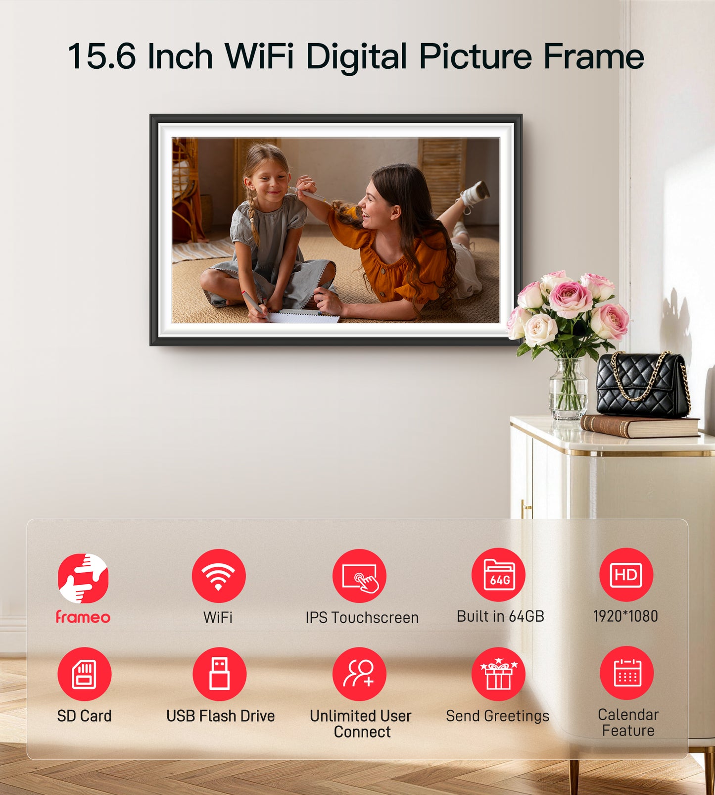 BIGASUO Digital Picture Frame Frameo 15.6" WiFi Electronic Photo Frames Large with 64GB Memory 1920x1080 IPS FHD Touch Screen Share Moments Instantly Anywhere Photo Gifts for Parents and Grandparents