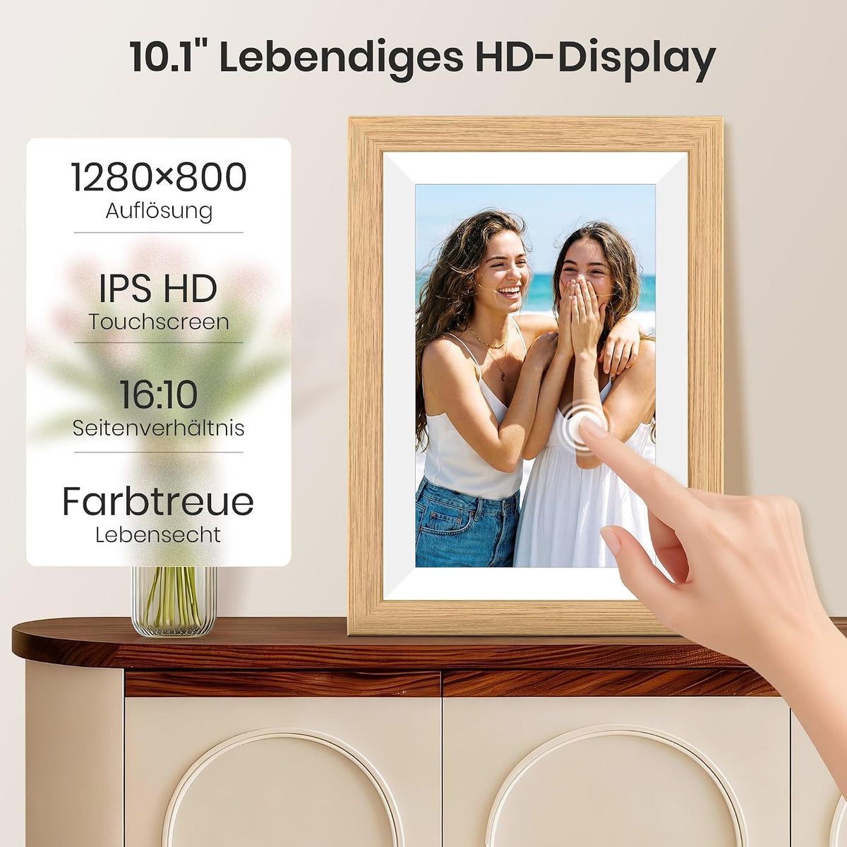 Frameo WLAN Digitaler Bilderrahmen 10,1 Zoll, HD 1280 * 800 IPS Touchscreen Elektronischer FotoRahmen mit 32GB Speicher, Auto Drehung, Einfache Weitergabe von Fotos Videos über Frameo App