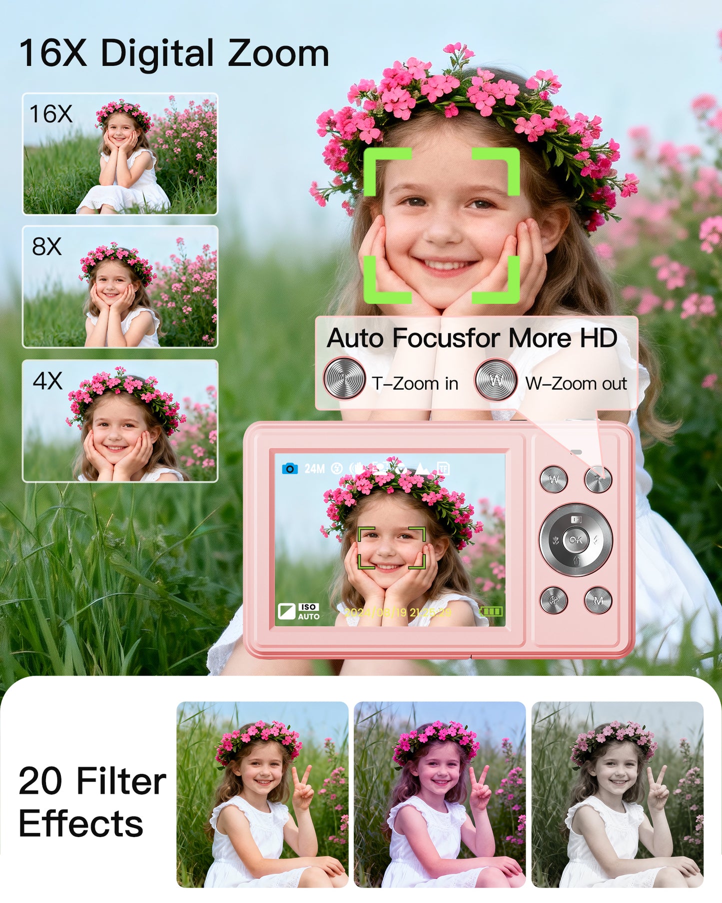 Digital Camera, FHD 1080P Point and Shoot Camera with 32GB SD Card, 2 Batteries, 16X Zoom, Anti Shake, Compact Small Design for Kids Teens Students Girls Boys (Pink)