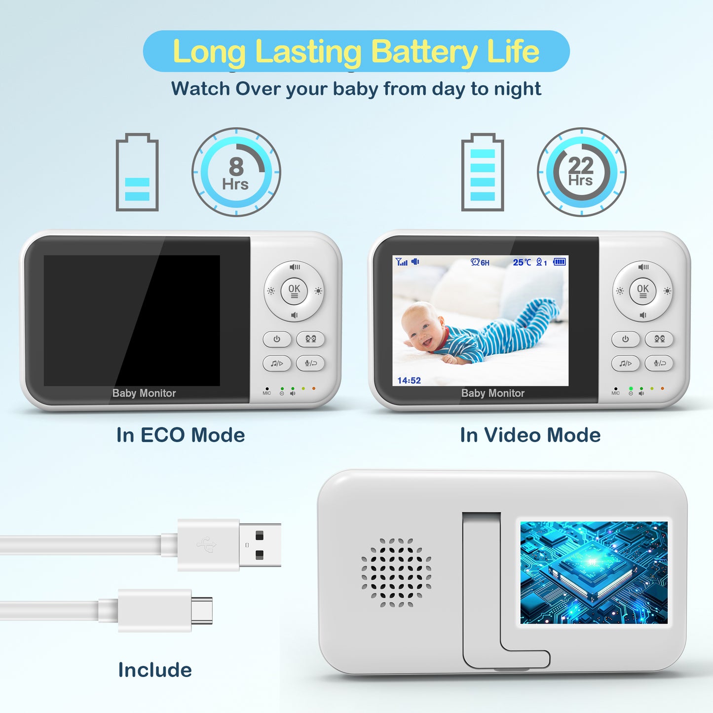 Baby Monitor with Camera and Audio, Video Baby Surveillance System with 3.2” HD Screen, Night Vision, 2 Way Talk, Temperature Sensor, Portable Indoor Home Security Camera with Monitor