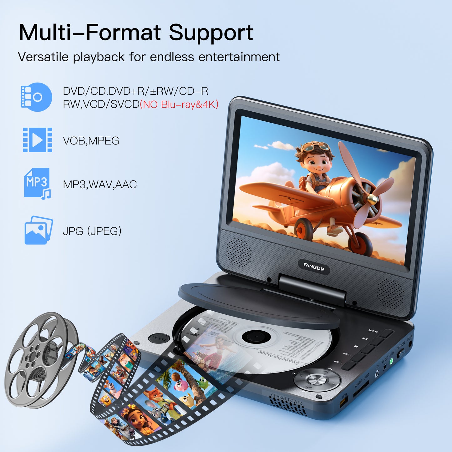 FANGOR 9.5" Portable DVD Player for Car with 7" Swivel Screen, 4 Hours Rechargeable Battery, Dual Speakers, Remote Control, Support CD/USB/SD Card/Sync TV, Perfect Gift for Kids