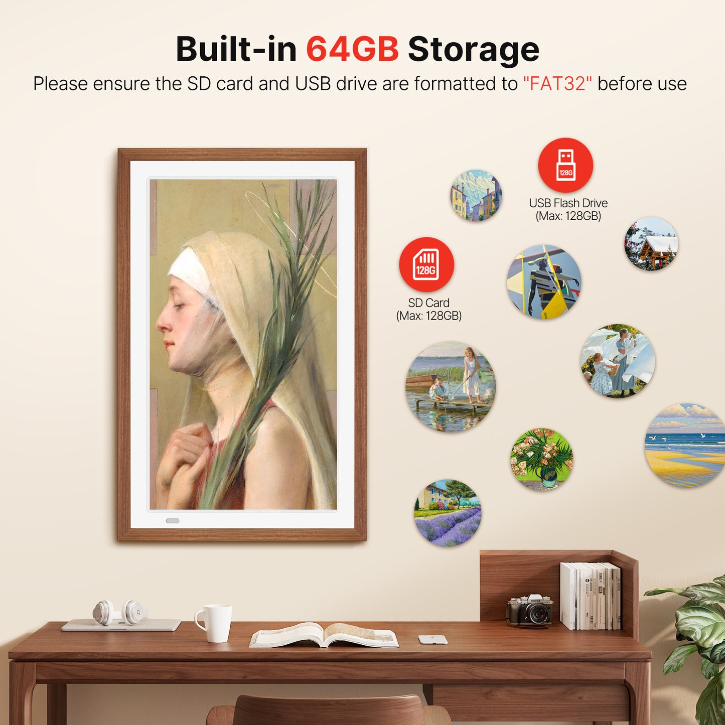 Uhale 21.5" Large Digital Picture Frame WiFi Wood with Remote Control, 1920 x 1080 FHD IPS No Touch Screen Electronic Photo Frames Wall Mount with 64GB, Support SD USB, Share Photos Videos Instantly