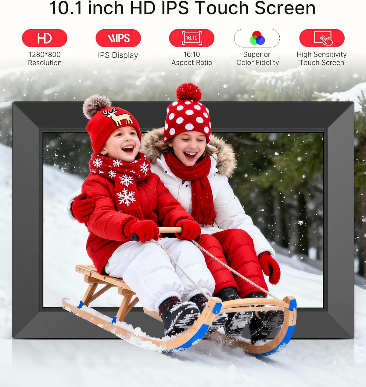 Frameo 10,1 Zoll WiFi Digitaler Bilderrahmen, 1280x800 HD IPS Touchscreen Foto Rahmen, 32GB Speicher, Automatische Rotation, Wandmontagefähig, Teilen Sie Fotos sofort von überall aus