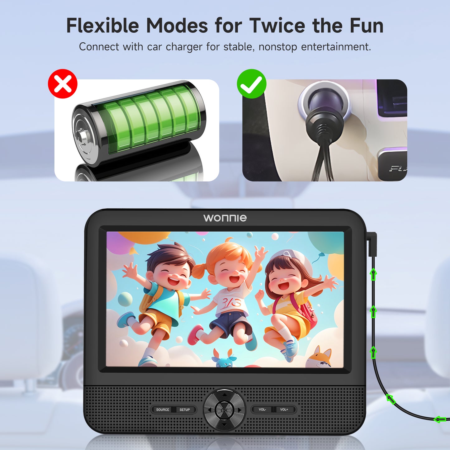 WONNIE 7.5” Dual DVD Player for Car, Portable Dual Screen DVD Player for Kids with Strap, AV In/Out, Support Play Same or Two different Videos/USB/SD, Best Kids Gift (Without Built-in Battery)