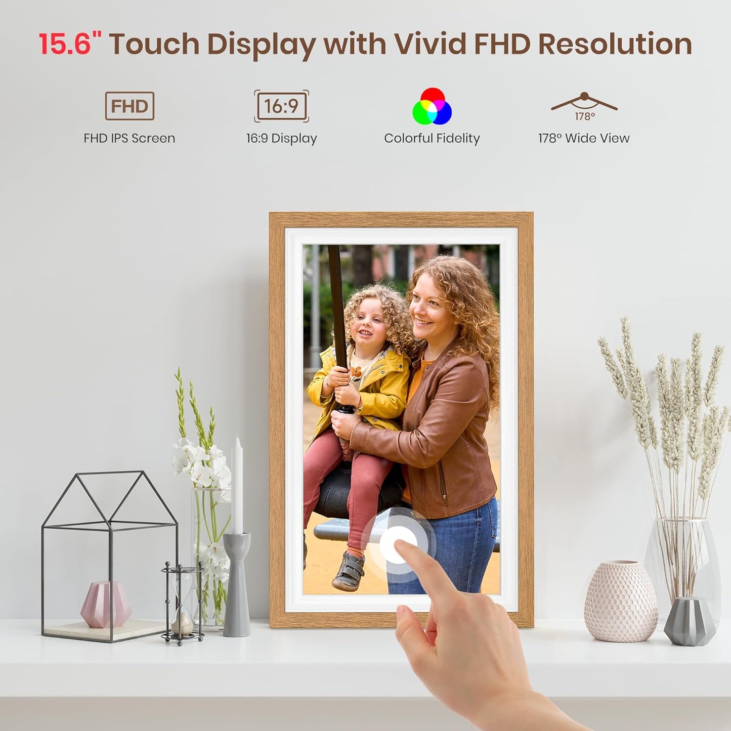 Frameo 15.6 Inch WiFi Digital Photo Frame with 64GB Memory, 1920x1080 FHD IPS Touchscreen Digital Picture Frame, Auto-Rotate, Instant Photo & Video Sharing via Frameo App