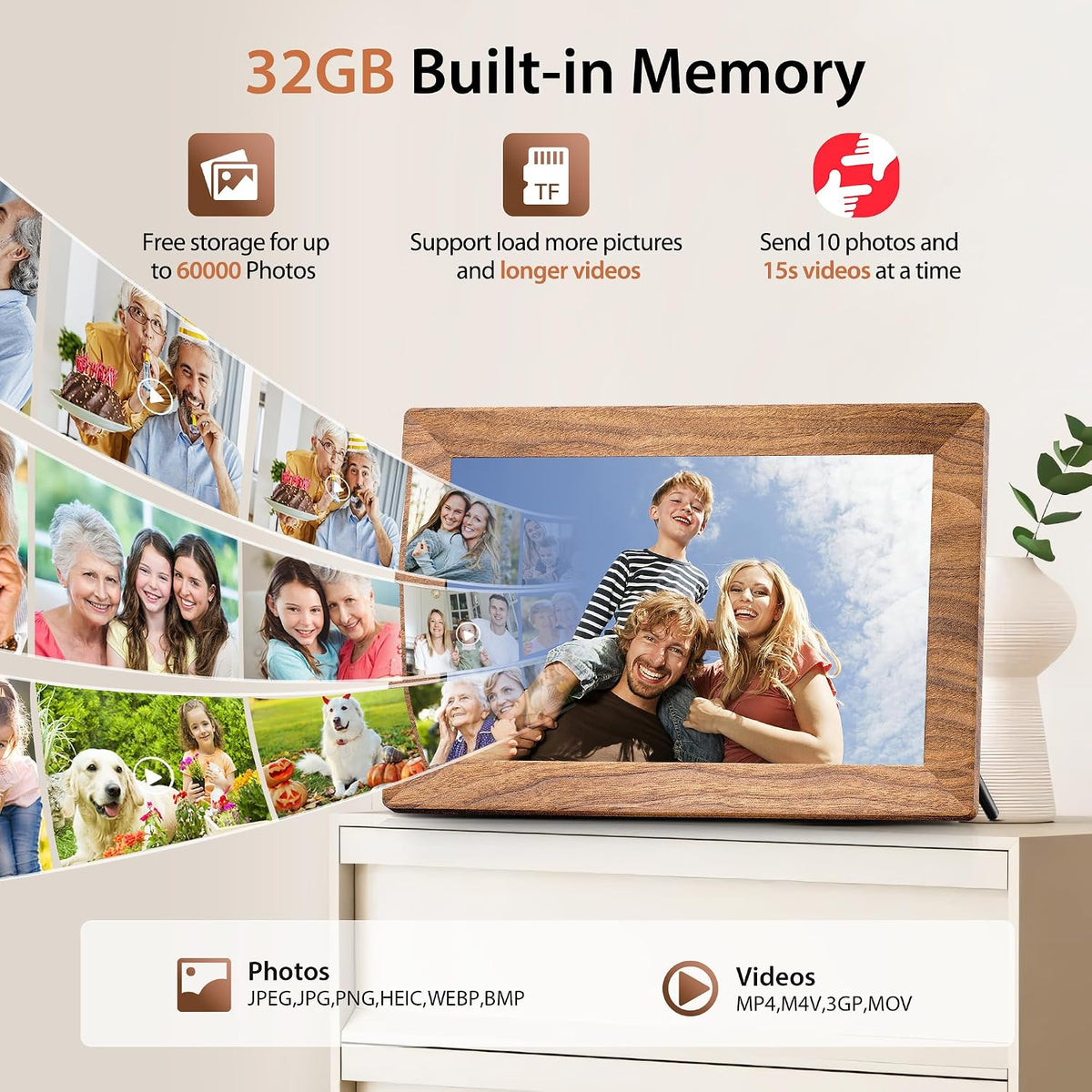Frameo WLAN Digitaler Bilderrahmen 10,1 Zoll, HD 1280 * 800 IPS Touchscreen Elektronischer FotoRahmen mit 32GB Speicher, Auto Drehung, Einfache Weitergabe von Fotos Videos über Frameo App