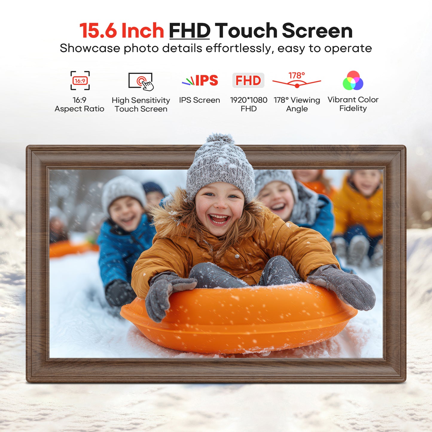 64GB 15.6" Frameo Digital Picture Frame WiFi, Large Electronic Photo Frames Wood 1920 x 1080 IPS FHD Touch Screen, Send Photos from Your Phone from Anywhere, Best Gifts for Family and Friends