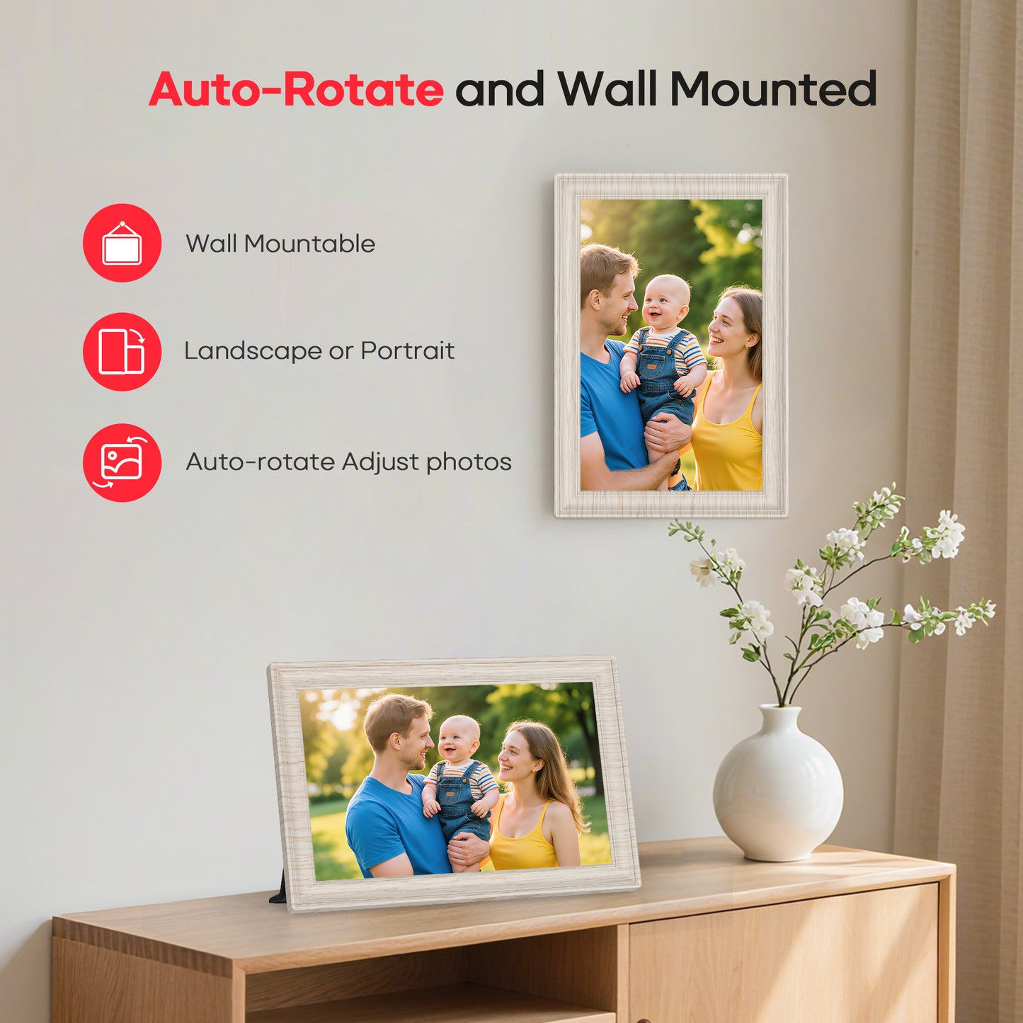 Frameo 10.1" WiFi Digital Picture Frame with 32GB Memory, 1280 x 800 IPS HD Touch Screen Electronic Photo Frame, Auto-Rotate, Slideshow, Share Photos/Video Remotely Anywhere White Wood Grain