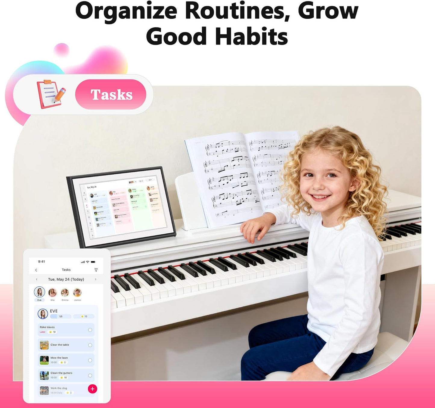 BIGASUO 10.1" Digital Calendar, Full HD Touchscreen Smart Planner,with Task & Reward Meal Plan Great for Family Schedules & Chore Organization, LED Reminder Light,Photo Display