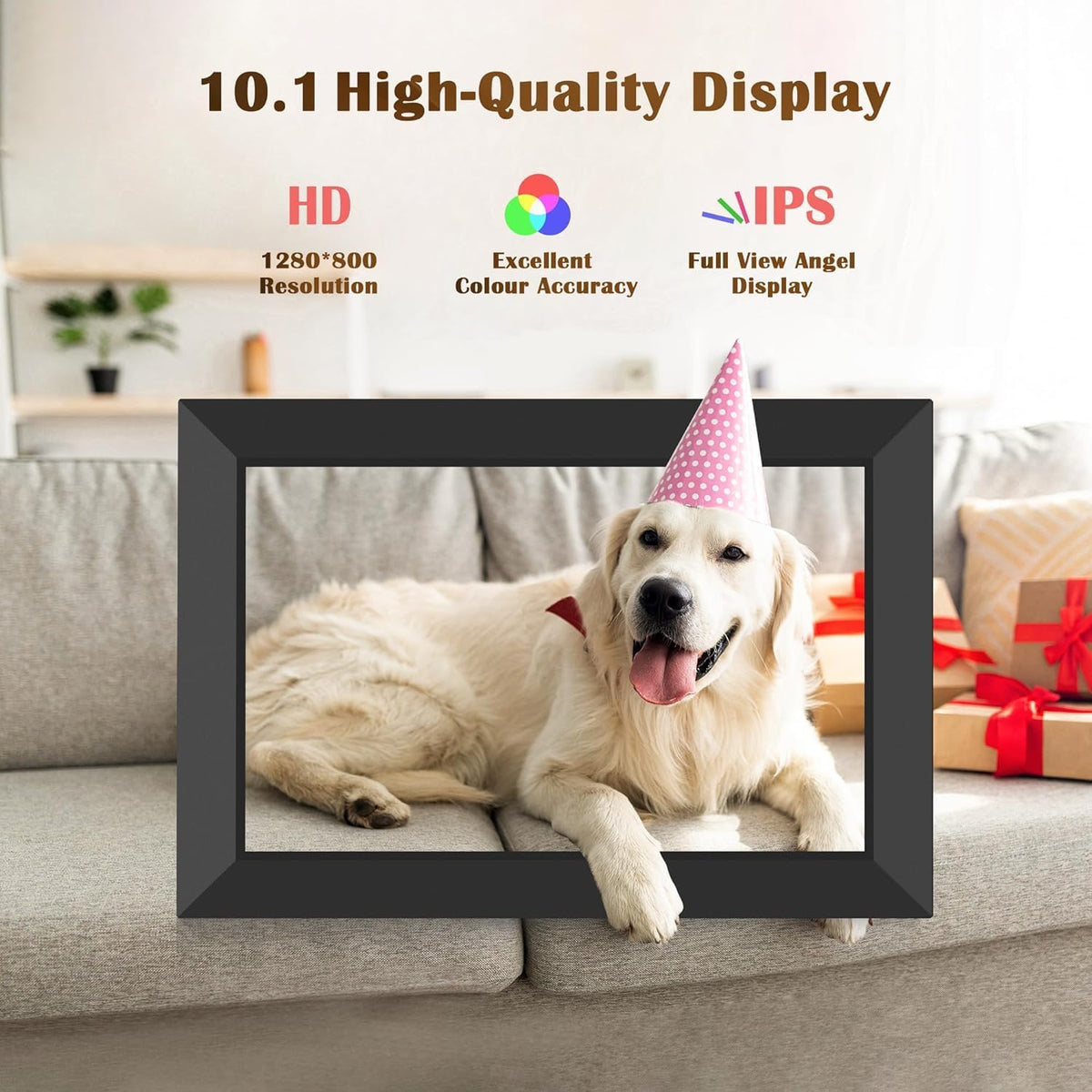 Frameo WLAN Digitaler Bilderrahmen 10,1 Zoll, HD 1280 * 800 IPS Touchscreen Elektronischer FotoRahmen mit 32GB Speicher, Auto Drehung, Einfache Weitergabe von Fotos Videos über Frameo Ap