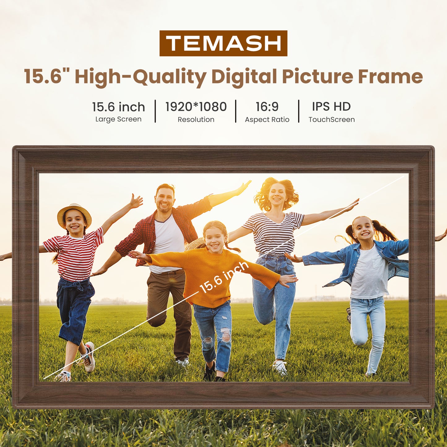 TEMASH Frameo 15.6 Inch WiFi Digital Picture Frame Woodgrain Large Digital Photo Frame 64GB Storage 1920×1080 IPS FHD Touchscreen Auto Rotate Share Video Picture Instantly via App Gifts for Family