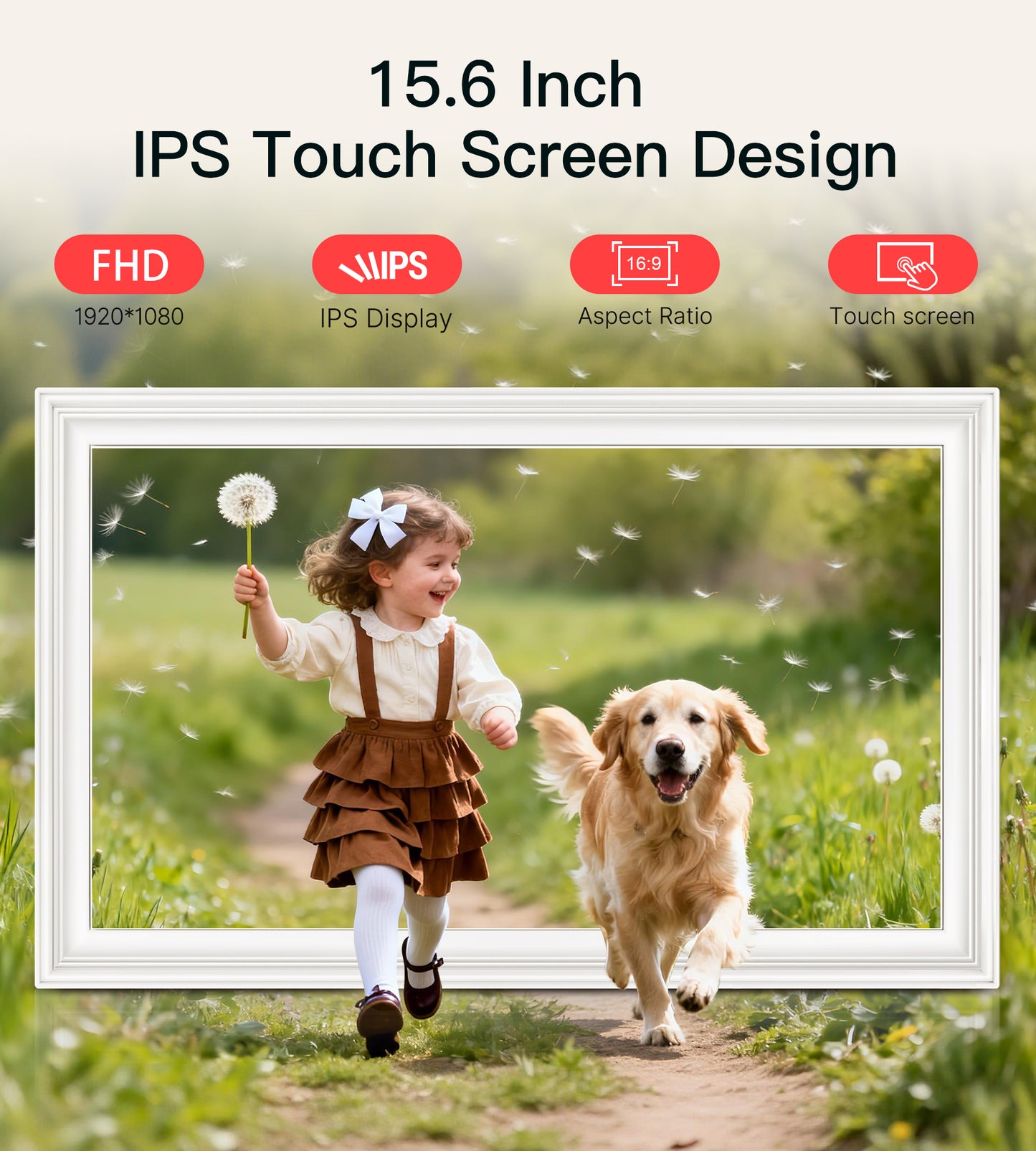 64GB Frameo 15.6" Digital Picture Frame Large 1920 x 1080 IPS FHD Touch Screen WiFi Electronic Photo Frames Share Moments Instantly Anywhere Best Gifts for Parents and Grandparents White