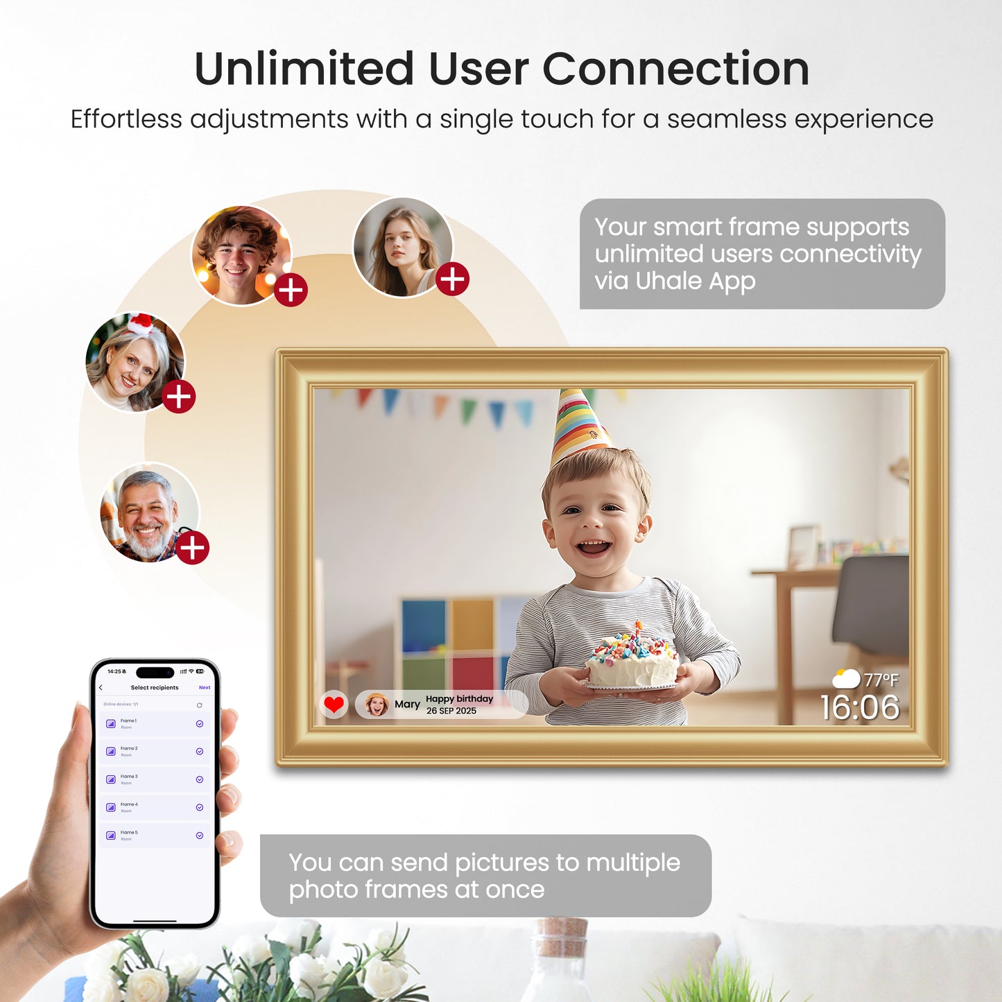 Uhale WiFi Digital Picture Frame, RCA 10.1 Inch Electric 1080p HD Touch Screen Photo Frame Digital with 32GB Memory, USB SD Slot, Auto Rotate, Wall Mountable, Share Photos/Videos Instantly (Gold)