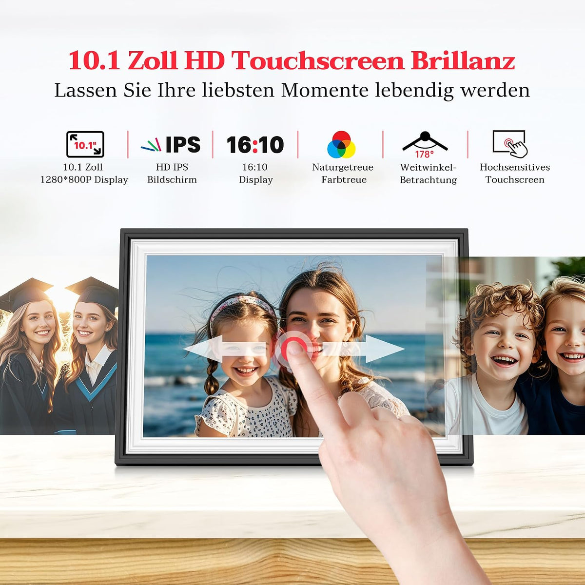 Frameo WLAN Digitaler Bilderrahmen 10,1 Zoll, HD 1280 * 800 IPS Touchscreen Elektronischer FotoRahmen mit 32GB Speiche