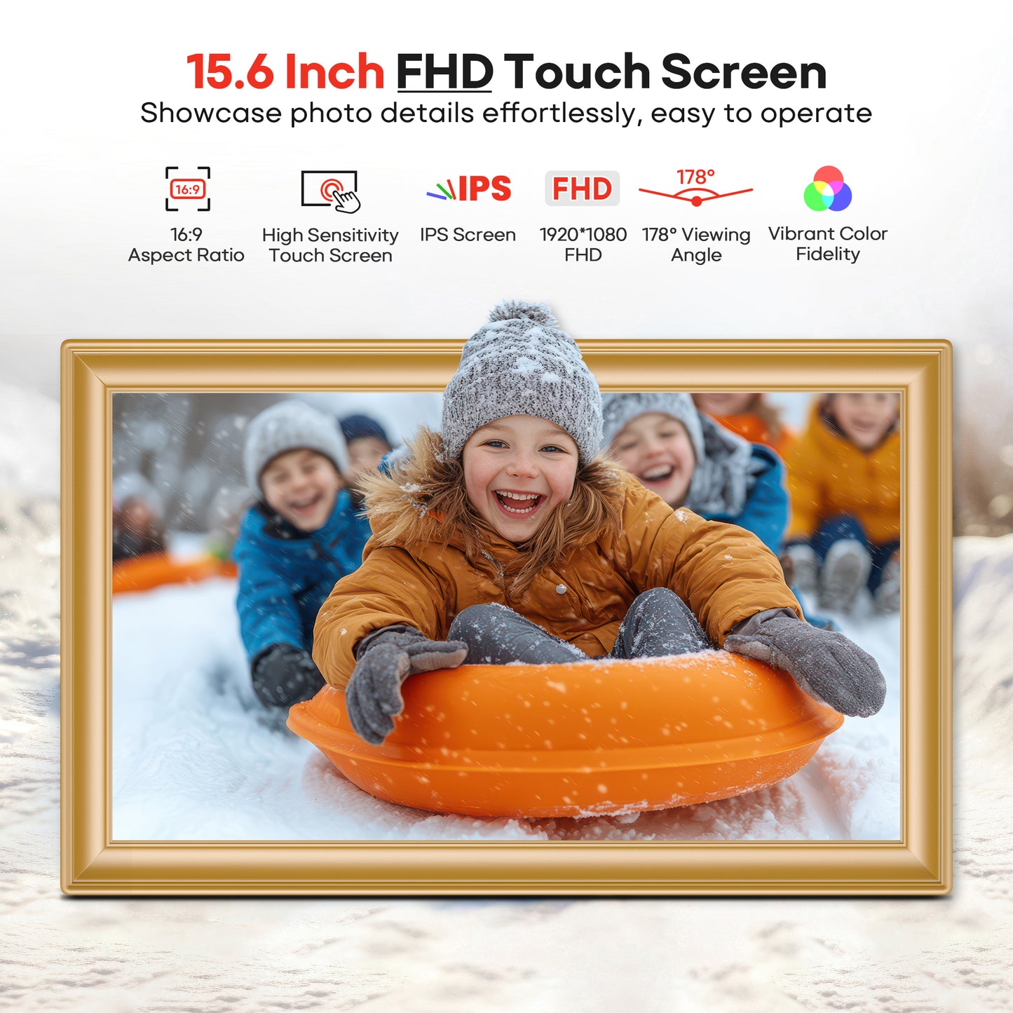 64GB 15.6" Frameo Digital Picture Frame WiFi, Large Electronic Photo Frames Golden 1920 x 1080 IPS FHD Touch Screen, Send Photos from Your Phone from Anywhere, Best Gifts for Family and Friends